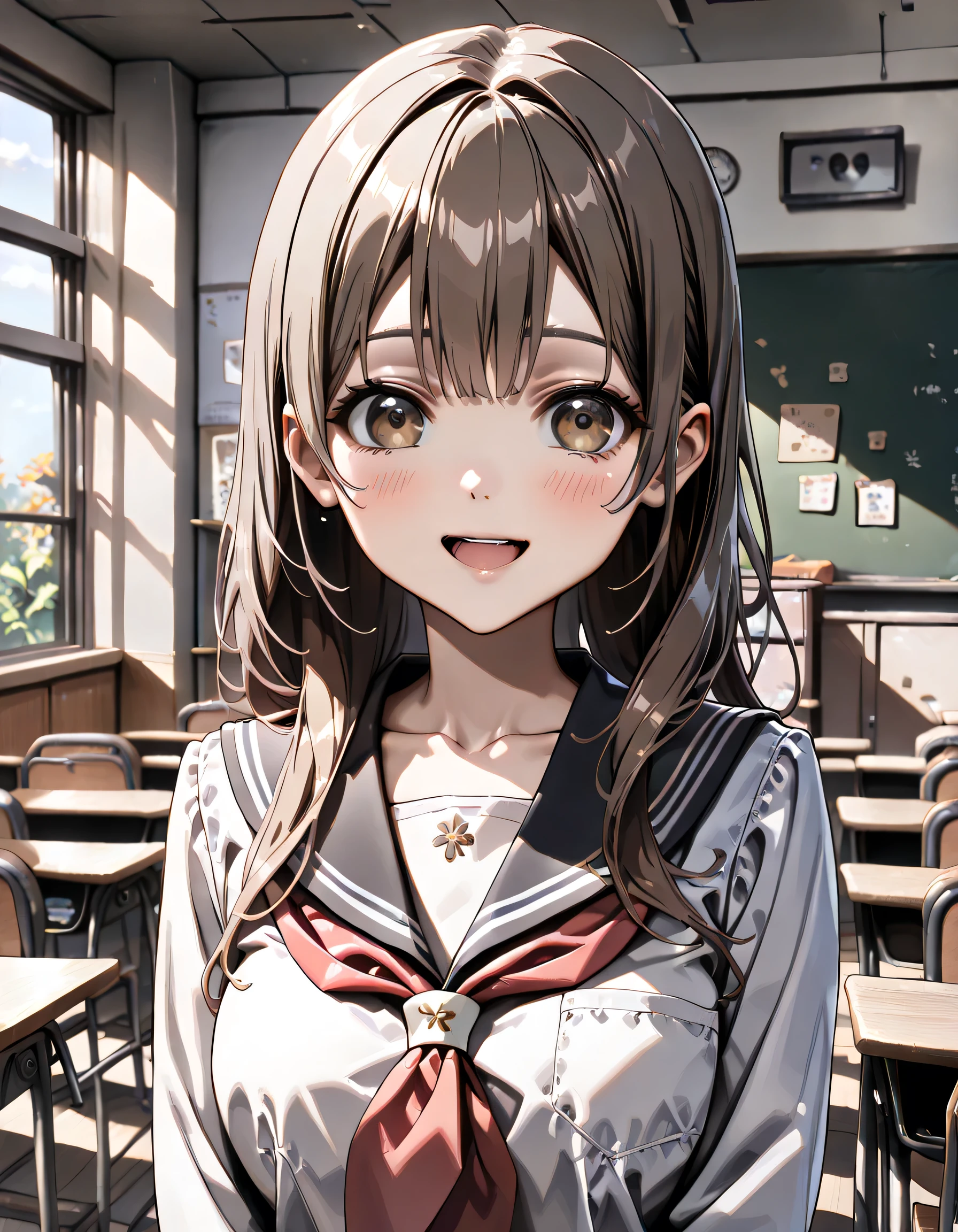 ((ultra-detailed)), (highly detailed CG illustration), (best quality:1.2), ultra-highly detailed, colorful composition, artistic photoshoot, 1girl, solo focus, ((upper body:1.4)), moe anime character, girl, dainty facial structure, (bab(round face), ((rounded chin:1.2)), celia-default, celia claire, (blue eyes), ((black hair color)), ((long hair)), ((half updo)), ((hair ribbon with red)), ample breasts, school uniform, sailor suit, traditional Japanese style with navy blue and white colors, ((happy:1.5)), ((joyful:1.5)), ((laughing:1.4)), ((blush:1.4)), ((looking viewer)), ((spoken heart:1.4)), ((standing in the classroom)), from front, best quality, masterpiece, expecting, pink cheek, blush, light pink gloss slip, portrait, depth of field, soft lighting, sidelighting, (shine), lighting, caustics, ray tracing, smile, perfect face, lustrous skin, highly detailed face, highly detailed eyes, perfect face, perfect nose, perfect hair, perfect eyes, perfect anatomy, beautiful hair, beautiful small face, extremely detailed face, beautiful detailed eyes, beautiful clavicle, beautiful body, beautiful ample breasts, leavage, breasts squeezed together, equalize the size of the left and right breasts, beautiful thin thighs, beautiful legs, beautiful fingers, 4 fingers, 1 thumb, lovely, (very detailed background:1.0), (highly detailed background:1.0), spring aesthetic, intricate details, joyful atmosphere, spring colors palette, chromatic aberration