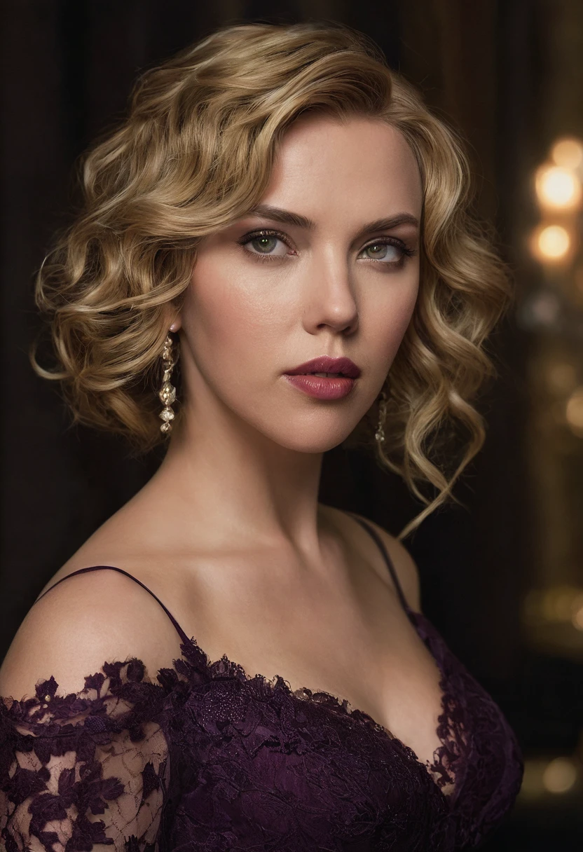 Create a realistic image of a woman resembling Scarlett Johansson in a wine-colored wedding dress with elegant details. Her blonde hair is styled in soft waves, and her eyes are detailed. The background is a refined, softly lit wedding venue.