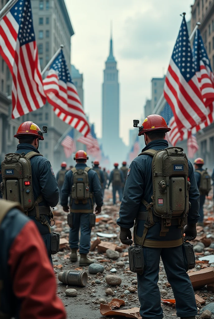 American flags, rescue workers, and President Bush addressing the nation