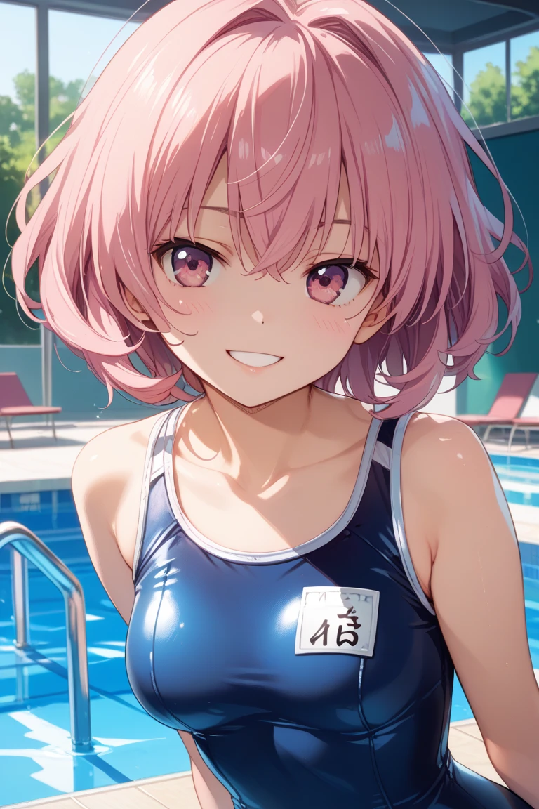 (Unity 16K Wallpaper, Masterpiece, Best Quality, Ultra-Detailed, Extremely Detailed CG, Caustics, Cinematic Lighting, Detailed, Beautiful Detailed Eyes, solo,outdoor pool),Ultra High Resolution, fine skin、sexy,curby,nsfw,(school swimsuit:1.3), small breasts,14 years old、from side、get into the swiming pool、show armpit、pink eyes、pink hair
