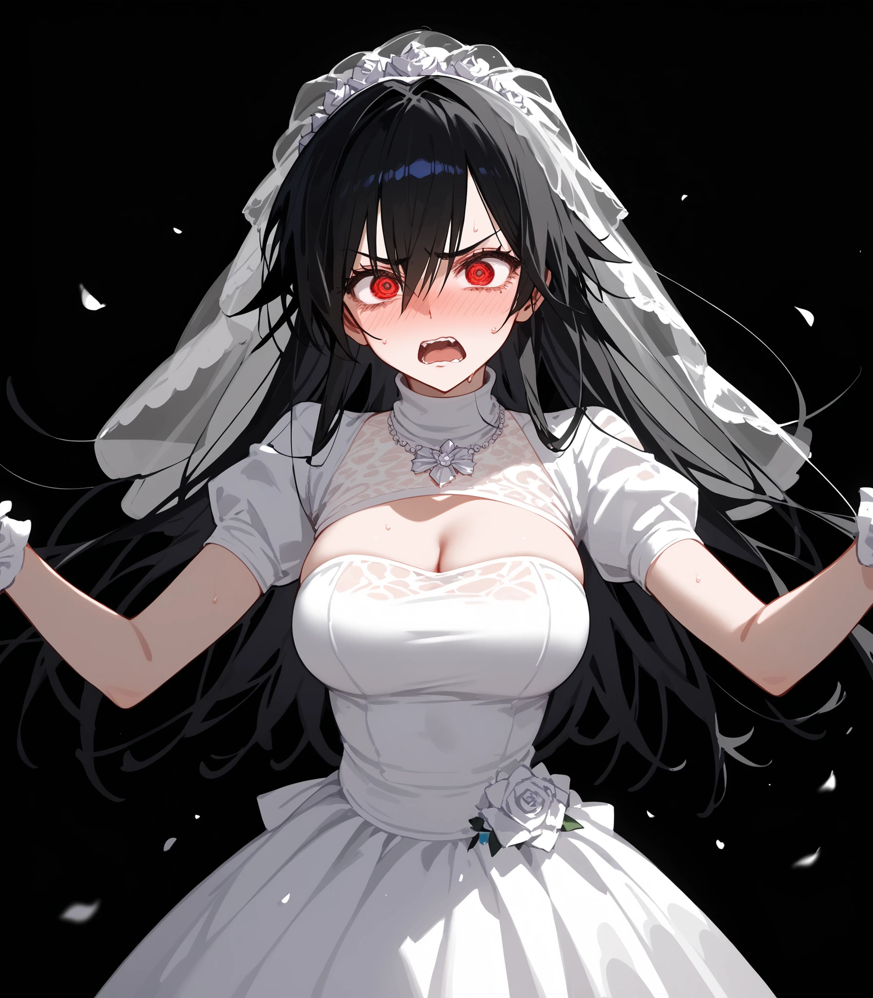 girl, Tomboy, black hair, in red eyes , long hair,Fierce face,fit, Slim , dark edges,student,big breasts,Sharp eyes,, shy ,,standing,I'm so embarrassed.,Shy, turtleneck ,fit,Open your mouth,shout, short-sleeved shirt ,black background, Wedding Dresses