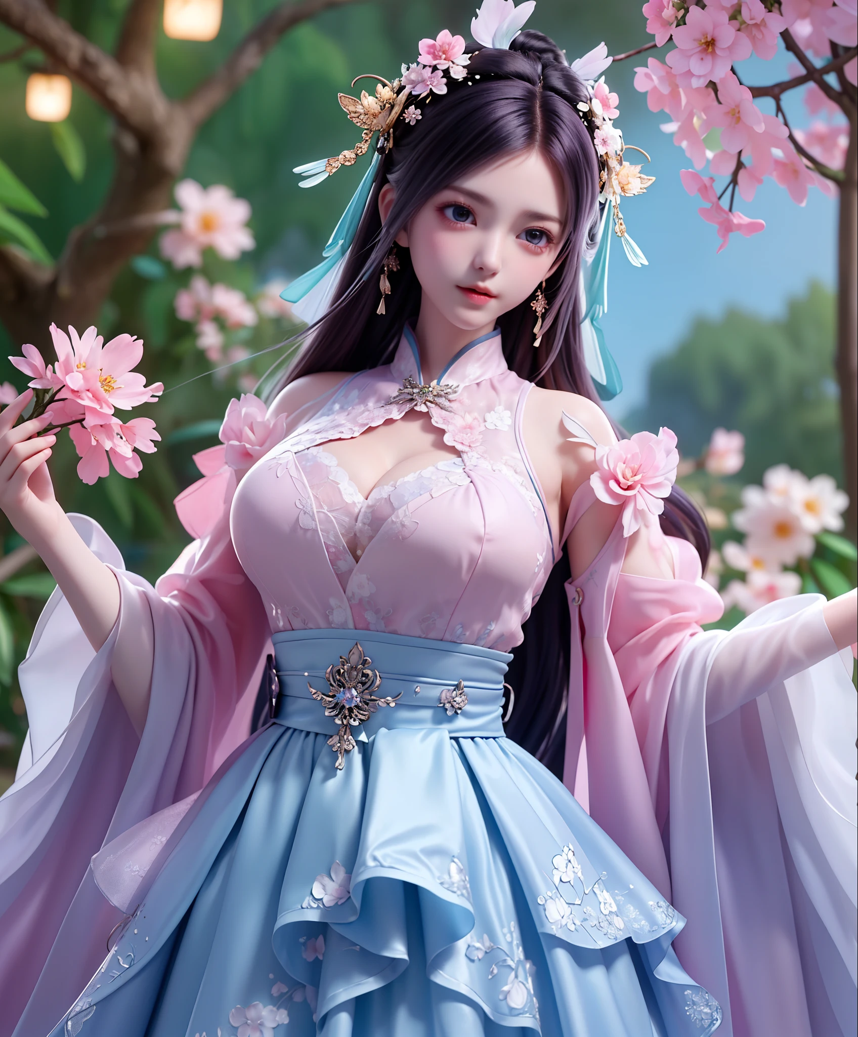 (8k, RAW photo:1.2), best quality, ultra high res,dramatic angle,(fluttered detailed color splashs), (illustration),(((1 girl))),(long hair),(rain:0.9), (Headdress:1.4),There is an ancient palace beside the girl,Hanfu,(Key Points),Color ink painting,(Splash of Color),Splash of Color,(((colorful))),(sketch:0.8) , Masterpiece, best quality, beautiful painted, highly detailed,(denoising:0.6),[splash ink],((ink refraction)), (beautiful detailed sky),moon,highly,detaild,(masterpiece, best quality, extremely detailed） CG Unity 8k Wallpaper，masterpiece，best quality，Ultra Detailed），（Lycoris）. hanfu open v open V-chested clothes Thin silk lace dress , (huge ，cleavage),, white pink and gren，best qualtiy，tmasterpiece，Ultra-high resolution，（Reality：1.4），RAW photogr，（True skin texture：1.3），（filmgrain：1.3），（Selfie angle），1个Giant Breast Girl( huge, cleagve)，Beautiful eye and face details，tmasterpiece，Best quality at best，，The chest more exposed， detailed hair, bra purple and green , detail 8k, upper body, ignette transparent fabric flower, purple and blue pink white, short skirt