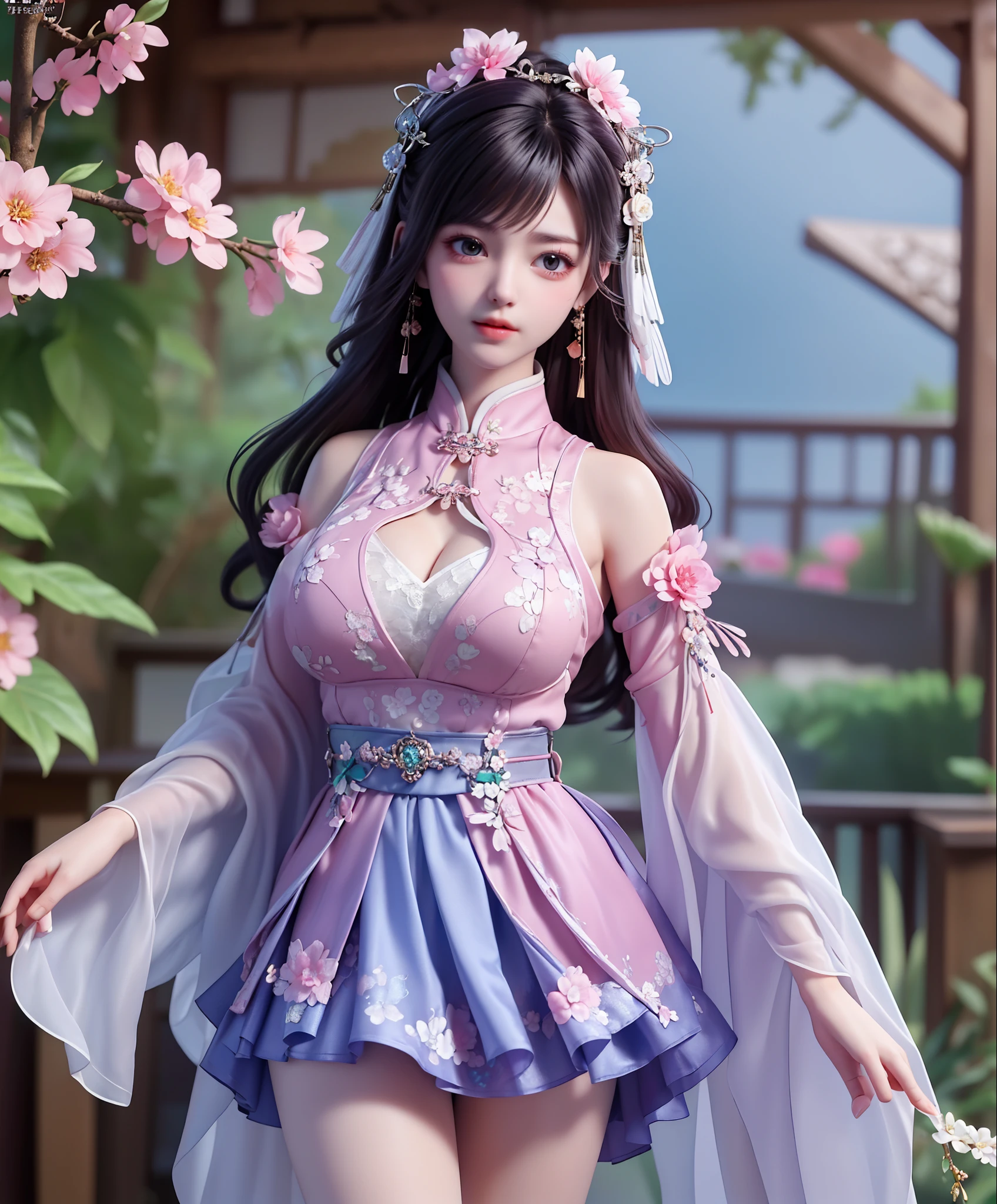 (8k, RAW photo:1.2), best quality, ultra high res,dramatic angle,(fluttered detailed color splashs), (illustration),(((1 girl))),(long hair),(rain:0.9), (Headdress:1.4),There is an ancient palace beside the girl,Hanfu,(Key Points),Color ink painting,(Splash of Color),Splash of Color,(((colorful))),(sketch:0.8) , Masterpiece, best quality, beautiful painted, highly detailed,(denoising:0.6),[splash ink],((ink refraction)), (beautiful detailed sky),moon,highly,detaild,(masterpiece, best quality, extremely detailed） CG Unity 8k Wallpaper，masterpiece，best quality，Ultra Detailed），（Lycoris）. hanfu open v open V-chested clothes Thin silk lace dress , (huge ，cleavage),, white pink and gren，best qualtiy，tmasterpiece，Ultra-high resolution，（Reality：1.4），RAW photogr，（True skin texture：1.3），（filmgrain：1.3），（Selfie angle），1个Giant Breast Girl( huge, cleagve)，Beautiful eye and face details，tmasterpiece，Best quality at best，，The chest more exposed， detailed hair, bra purple and green , detail 8k, upper body, ignette transparent fabric flower, purple and blue pink white, short skirt