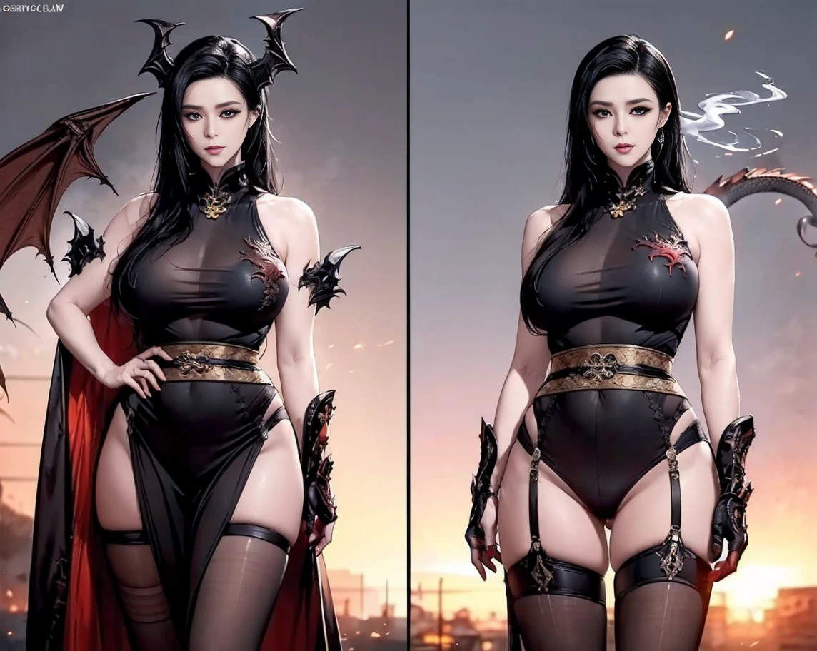 Evil empress with black hair and bright red eyes, Wears sexy lingerie. Carries a scythe in his hand