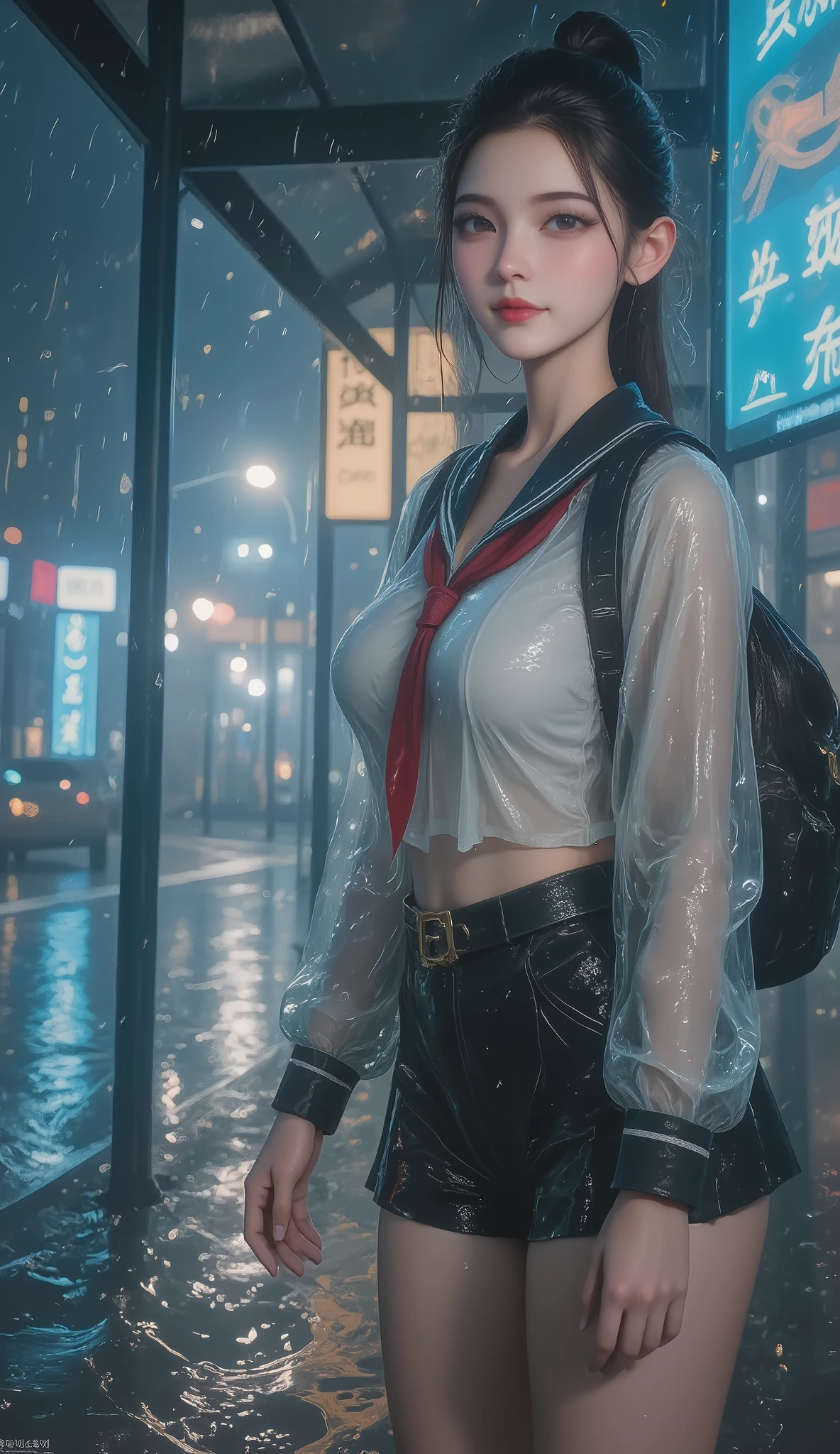 NSFW, TOP QUALITY , HD, 16k, unbelievably ridiculous , very well detailed, 2.5D, Delicate and Dynamic , beautiful woman, attractive smile , busty high school girl , uniform、 sailor suit、、 , backpack, , glitter effect, ((It's raining:1.3))、((My clothes get wet in the rain、and I can see through my underwear:1.7))、 Waiting for the Bus at the Bus Stop , ((Big puddle、Reflected in a puddle:1.8)