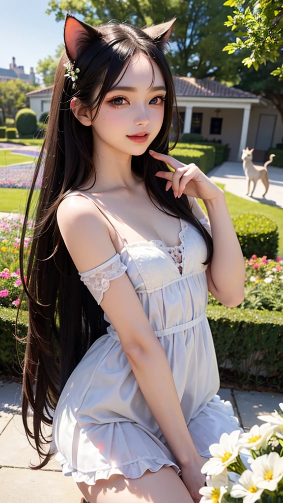 una casa de terror oscura , pretty chica standing in front wearing white long dress face unexpressive pale skin nice body red baloons very beautiful face cute nice body shape hermosa, lugar oscuro, PELO NEGRO, pelo largo, chica, no make up teenager rostro femenino、cuerpo femenino、con cara redonda、a small face、mejillas suaveirando a la camara、negligee