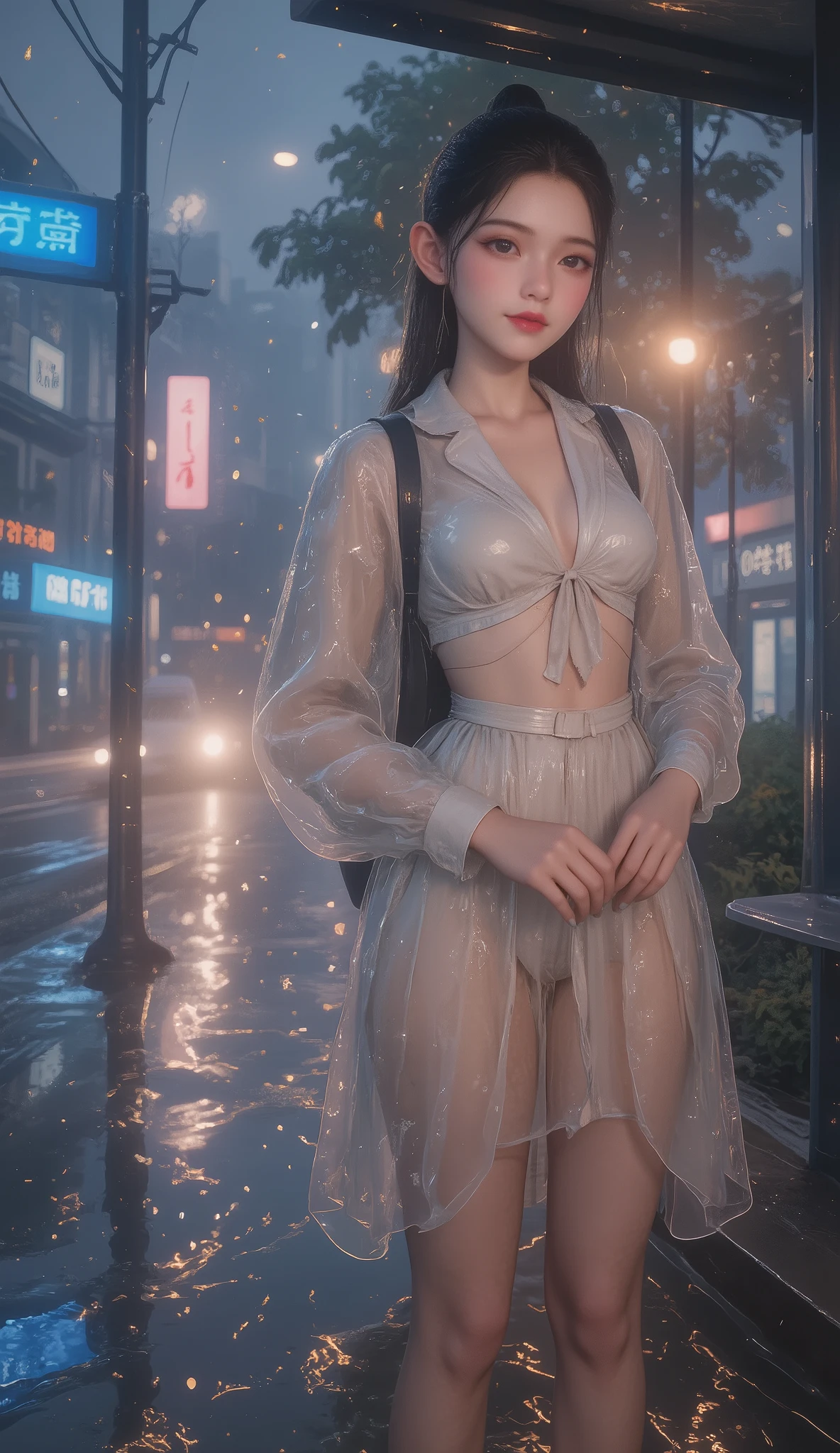 NSFW, TOP QUALITY , HD, 16k, unbelievably ridiculous , very well detailed, 2.5D, Delicate and Dynamic , beautiful woman, attractive smile , busty high school girl , uniform、 sailor suit、、 , backpack, , glitter effect, ((It's raining:1.3))、((My clothes get wet in the rain、and I can see through my underwear:1.7))、 Waiting for the Bus at the Bus Stop , ((Big puddle、Reflected in a puddle:1.8)