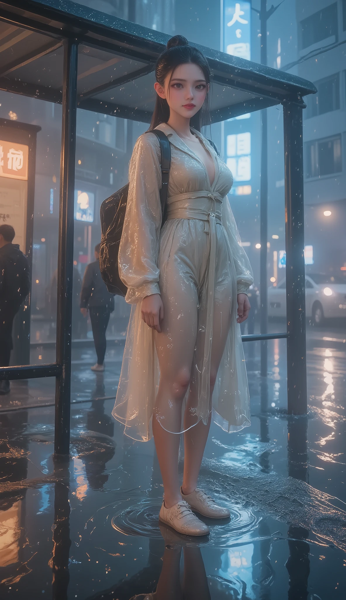 NSFW, TOP QUALITY , HD, 16k, unbelievably ridiculous , very well detailed, 2.5D, Delicate and Dynamic , beautiful woman, attractive smile , busty high school girl , uniform、 sailor suit、、 , backpack, , glitter effect, ((It's raining:1.3))、((My clothes get wet in the rain、and I can see through my underwear:1.7))、 Waiting for the Bus at the Bus Stop , ((Big puddle、Reflected in a puddle:1.8)