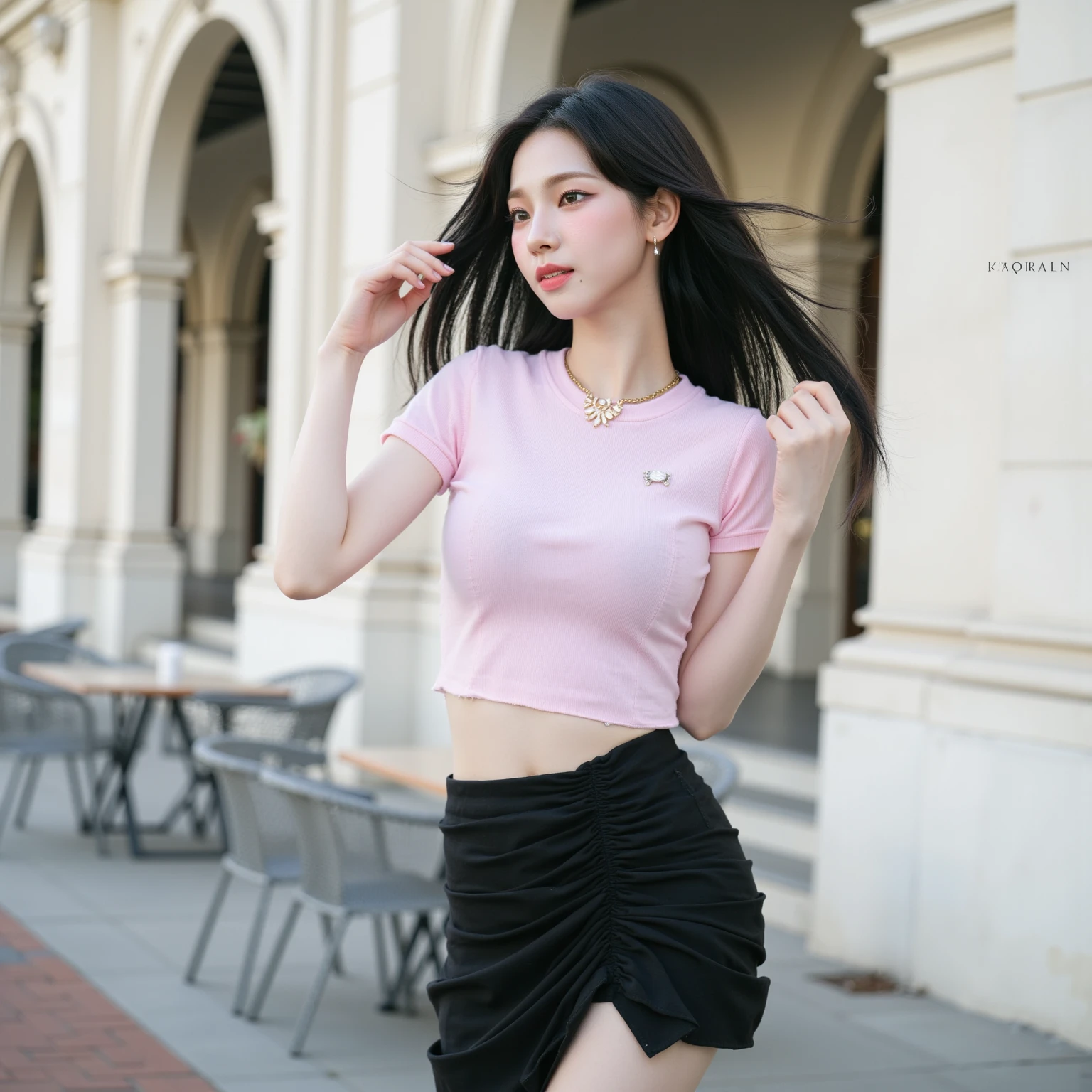 ((midynight, Acura, 8K, tmasterpiece: 1.3)), full bodyesbian, long leges, focal: 1.2, Beautiful woman with perfect figure: 1.4, Slim abs: 1.1, (dark brown hair,: 1.2 )), (Pink and purple T-shirt,short skirt,sitting on a stool: 1.2), (dining room, Modern simple high-end: 1.3)), Highly Detailed Face and Skin Textur, 詳細な目, 二重まぶた,