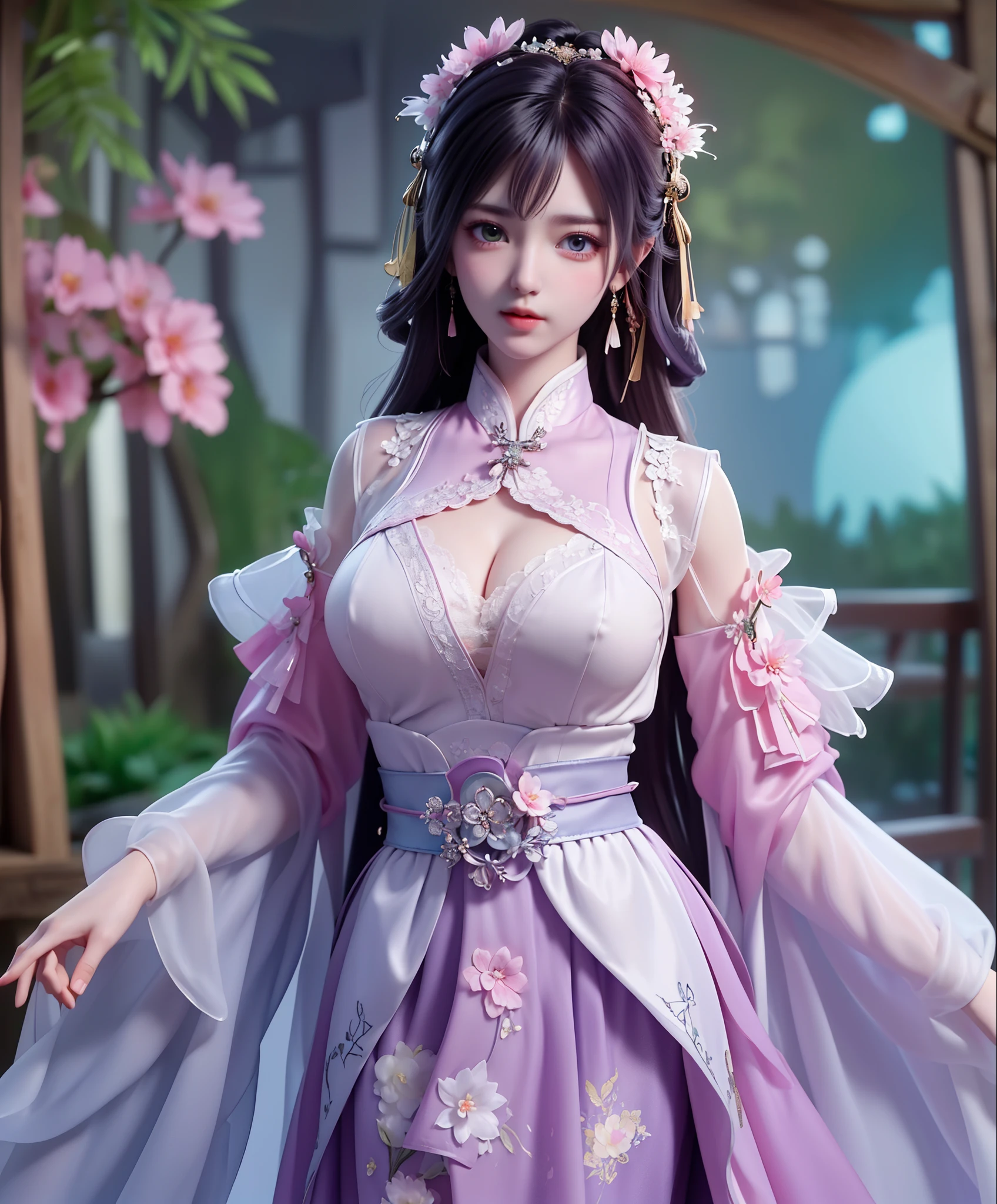 (8k, RAW photo:1.2), best quality, ultra high res,dramatic angle,(fluttered detailed color splashs), (illustration),(((1 girl))),(long hair),(rain:0.9), (Headdress:1.4),There is an ancient palace beside the girl,Hanfu,(Key Points),Color ink painting,(Splash of Color),Splash of Color,(((colorful))),(sketch:0.8) , Masterpiece, best quality, beautiful painted, highly detailed,(denoising:0.6),[splash ink],((ink refraction)), (beautiful detailed sky),moon,highly,detaild,(masterpiece, best quality, extremely detailed） CG Unity 8k Wallpaper，masterpiece，best quality，Ultra Detailed），（Lycoris）. hanfu open v open V-chested clothes Thin silk lace dress , (huge ，cleavage),, white pink and gren，best qualtiy，tmasterpiece，Ultra-high resolution，（Reality：1.4），RAW photogr，（True skin texture：1.3），（filmgrain：1.3），（Selfie angle），1个Giant Breast Girl( huge, cleagve)，Beautiful eye and face details，tmasterpiece，Best quality at best，，The chest more exposed， detailed hair, bra purple and green , detail 8k, upper body, ignette transparent fabric flower, purple and blue pink white,