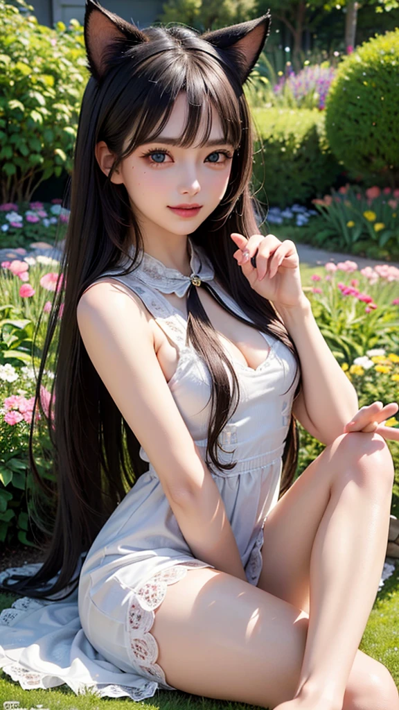 Outdoor、garden、blue sky、Rose Garden、Cute 1 Woman、(Full nudity)、The abdomen is visible、Underarm、(Spread your legs:1.0)、Above the knee shot、smile、1 girl, High resolution, Long black hair,, 8k, masterpiece, Looking at the audience