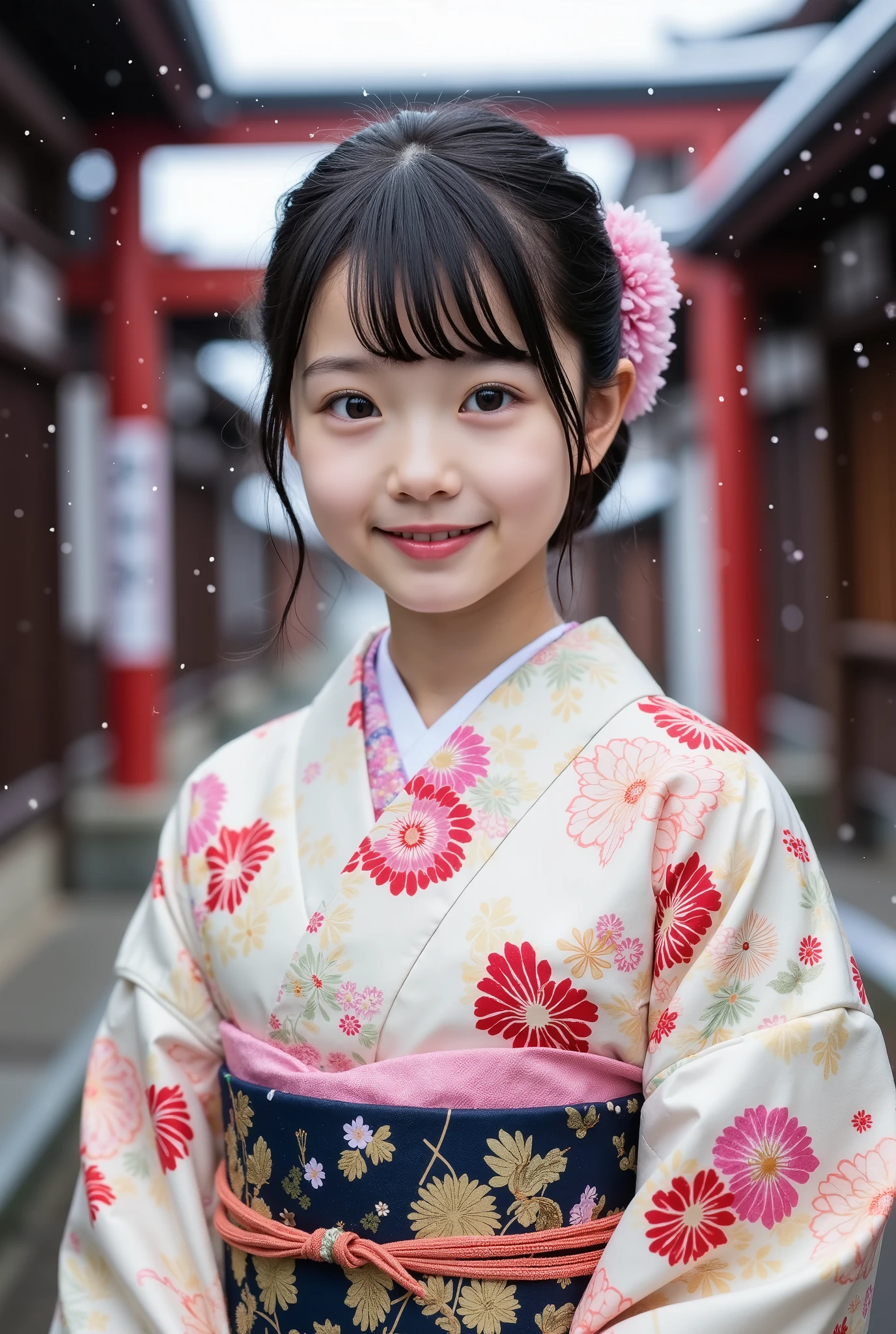 Very detailed, detailed, highest quality, super high quality, highest resolution, ite very young Japanese girl, happy smiling face, detailed facial depiction, detailed eye depiction, wide open eyes, cute double eyelids, thick lips, black hair, dark pupils, wearing a furisode kimono and standing in front of a snowy shrine torii gate, Japanese hairstyle, looking at the viewer, (((full body photo)))