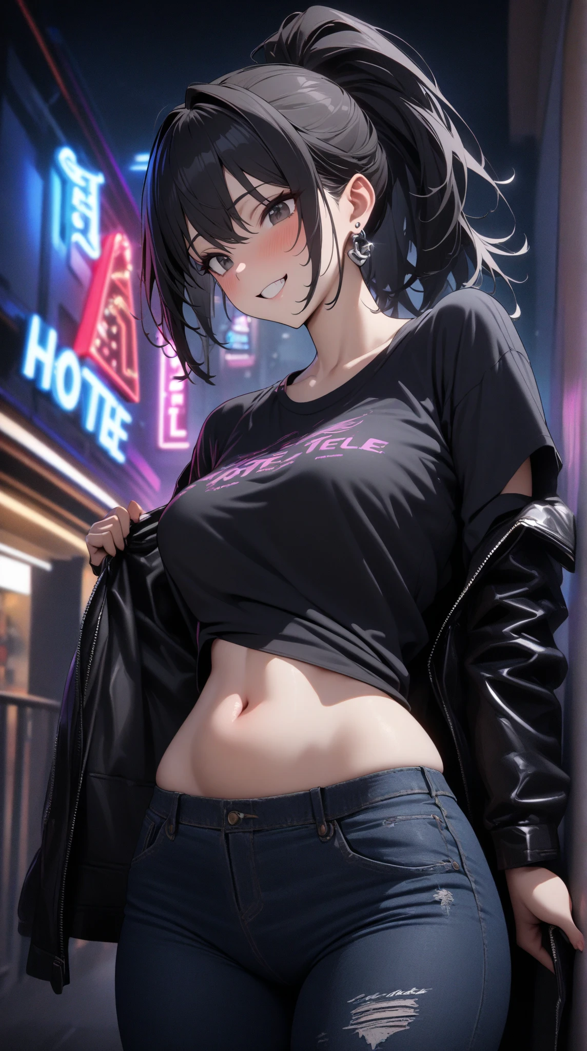1 girl, pale skin, purple eyes, eyebrow, ear, lips, open mouth, laughing, big purple hair, short shirt, belly showing, perfect belly, ripped short shorts, thick legs, thick thighs, background scenery, in the city, beautiful night, night night