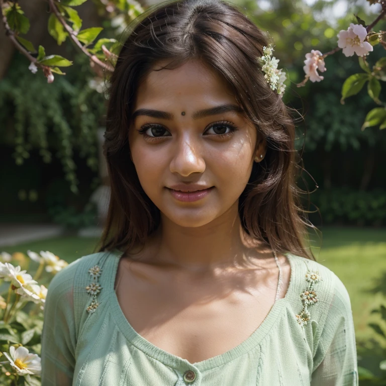 A beautiful Indian girl cute smile (best quality,highres,realistic:1.37),beautiful Indian girl,cute smile,outing,soft lighting,detailed eyes,lush green garden,natural beauty,vibrant Gujarat colors,traditional clothing,long flowing hair,sunshine filtering through trees,nature backdrop,subtle shadows,photorealistic rendering,playful expression,joyful atmosphere,fun-filled day,harmonious surroundings,blooming flowers,endearing charm,serene atmosphere,gentle breeze,happiness radiating,peaceful ambiance,delicate features,expressive face,cheerful disposition,colorful atmosphere,ethereal beauty,graceful pose,memorable moment,fond memories,positive vibes. A beautiful Indian girl cute smile 