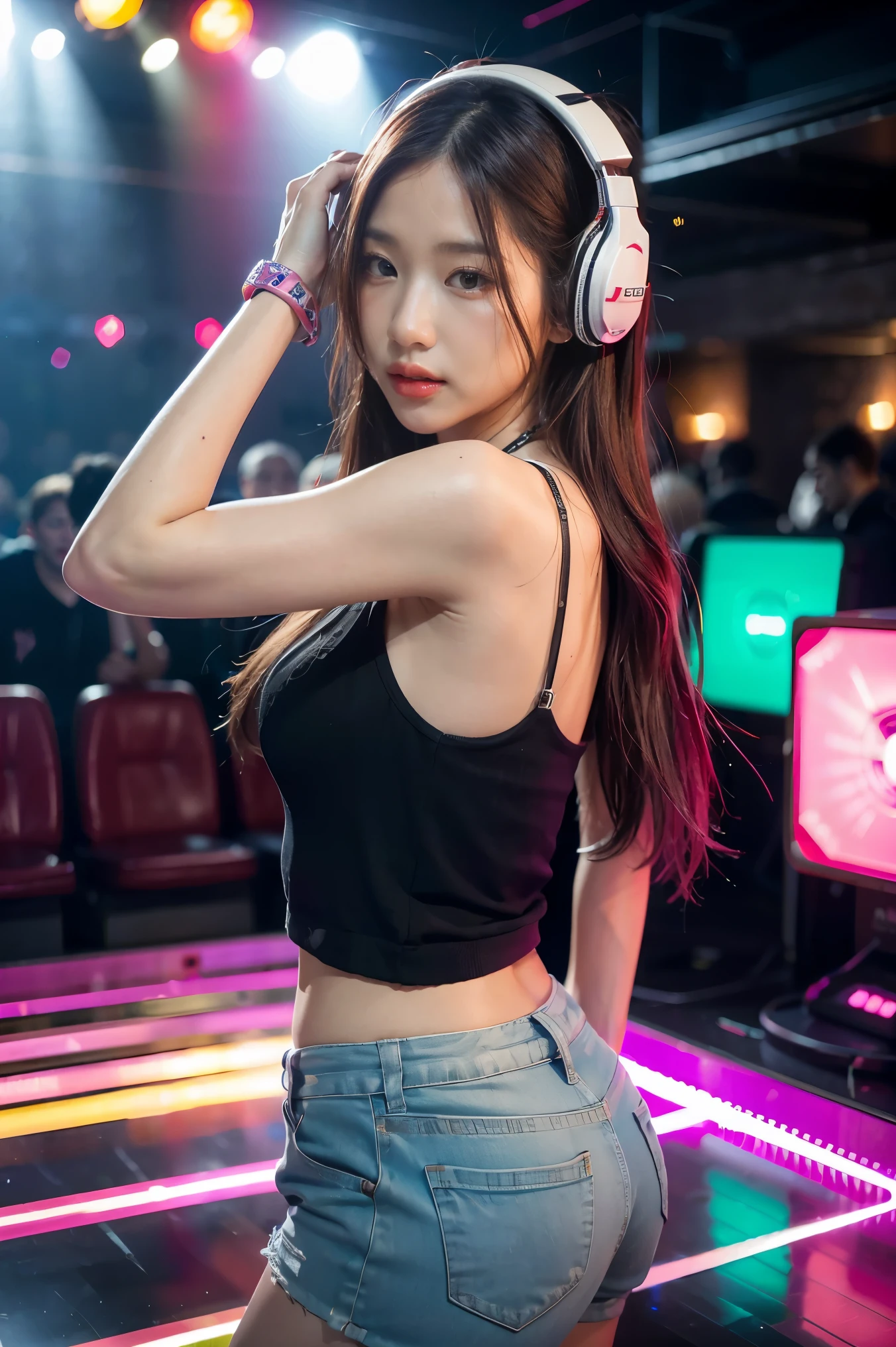Amai Liu, sensual, look, dominant, upper body, female dj, colorful clothes, quirky, vibrant appearance, playful accessories, creative, imaginative, sensual, spontaneous, DJ headphones, mixing console, music club, nightclub, independent theaters, people dancing on the dance floor, underground nightclub, high quality, skin texture, intricate details, (cinematic lighting), photo RAW, 8k