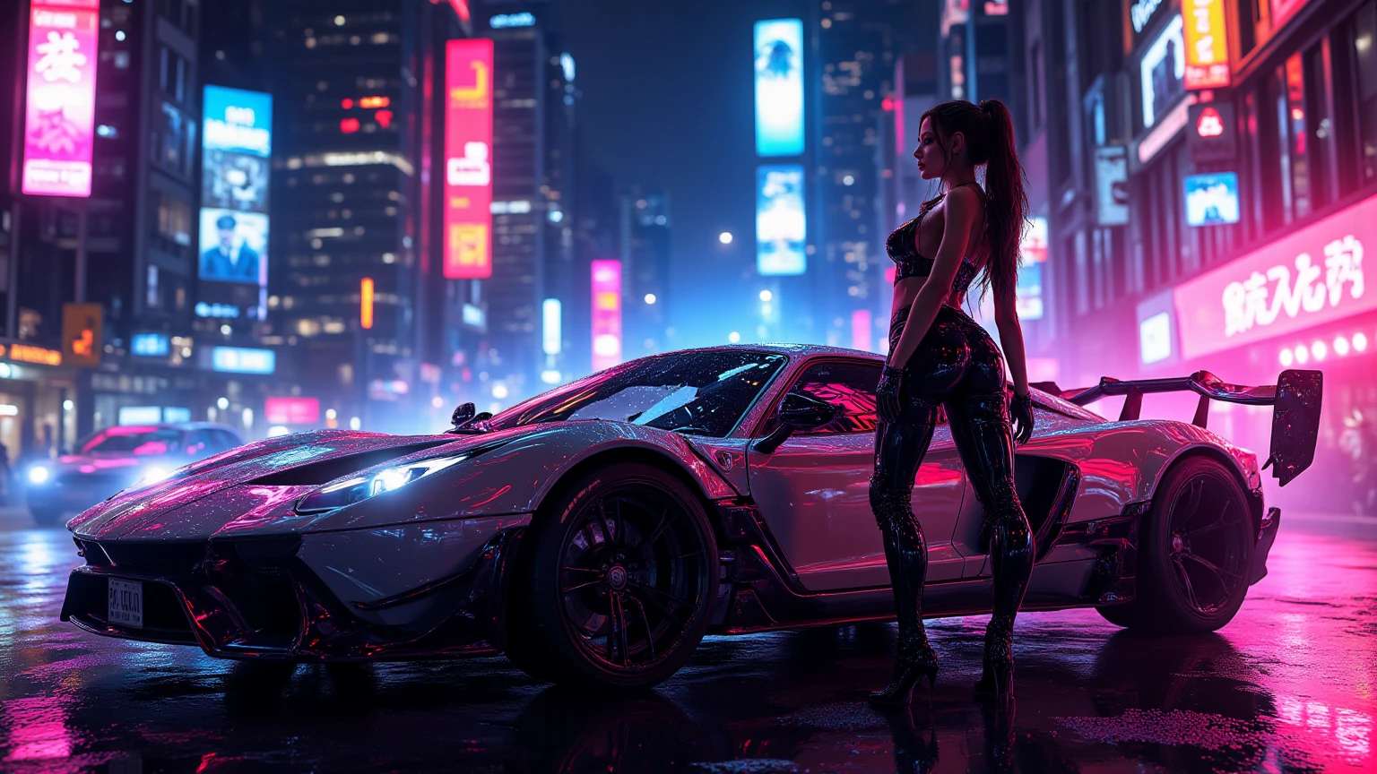 (aerial view, a flying cars docking platform, a very dark abandoned futuristic city, neon lights), rainy night. (((1girl, solo, alone))), large-breast:1.2 slim body, cleavage:1.1, sexy wind blowing wet dress:1.4, (((headphone, black sunglasses, standing and holding pistol:1.8, dynamic rushing pose))), (((((half-body thigh level medium shot))))), cinematic lighting, lens flare, ray tracing.