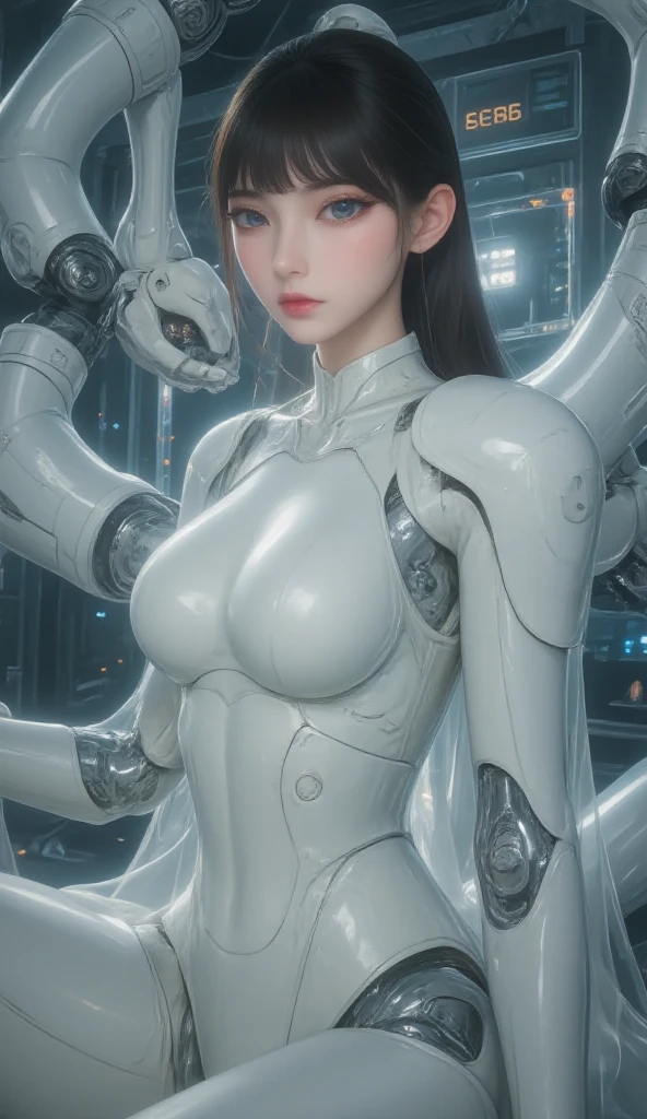 Top Quality, Masterpiece, Ultra High Resolution, ((Photorealistic: 1.4), Raw Photo, 1 cyberpunk android Girl, Glossy Skin, (Ultra Realistic Details)), mechanical limbs, tubes connected to the mechanical parts, mechanical vertebrae attached to the spine, mechanical cervical attachment to the neck, wires and cables connecting to the head, Evangelion, ((Ghost in the Shell)), small glowing LED lamps, global lighting, deep shadows, Octane Rendering, 8K, Ultra Sharp, Metal, Intricate Ornament Details, baroque details, Very intricate details, realistic light, CGSoation trend, facing the camera, neon details, (android manufactory in background), art by H.R. Giger and Alphonse Mucha.