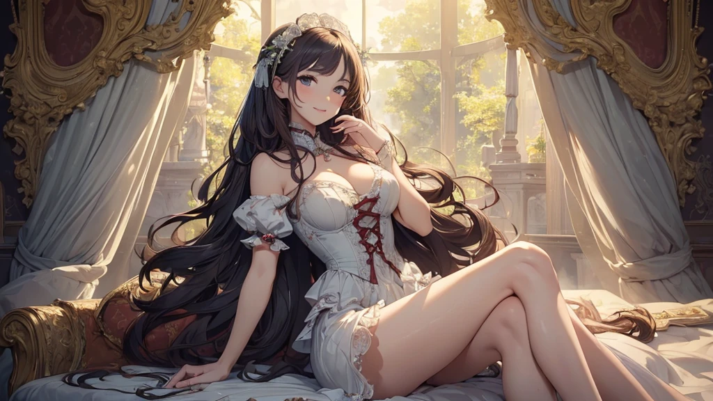 (masterpiece, highest quality, highest quality, official art, beautiful and aesthetic:1.2), (1 girl), highly detailed eyes, (Cute mini dress that shows your breasts:1.4),alice shoes、Natural light、Shining girl,flower hair ornament,soft breasts