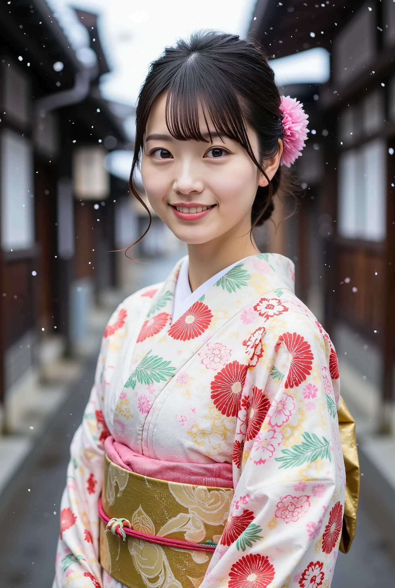 A ite, young Japanese woman in her 20s with a happy smile in a modern kimono and printed panties is wearing a furisode and standing in front of the torii gate of a snowy shrine, with large double-lidded eyes, thick lips, black hair, dark pupils, Japanese hairstyle, looking at the viewer,