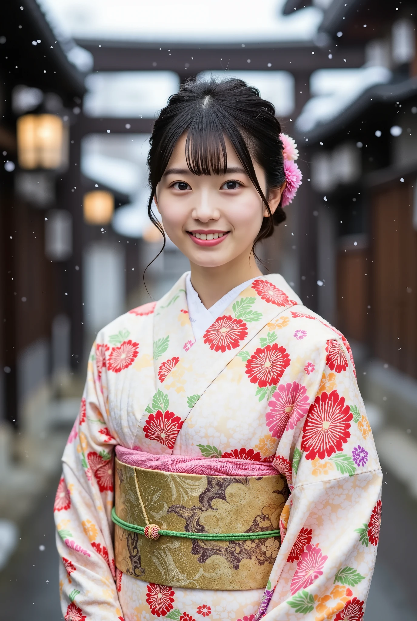 A ite, young Japanese woman in her 20s with a happy smile in a modern kimono and printed panties is wearing a furisode and standing in front of the torii gate of a snowy shrine, with large double-lidded eyes, thick lips, black hair, dark pupils, Japanese hairstyle, looking at the viewer,