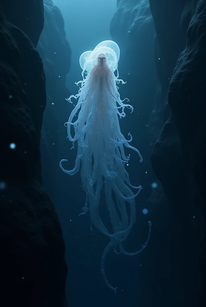 Create a sea creature, living at the bottom of the ocean. Its body is transparent and glows when it moves.. It feeds on microscopic organisms., and when in danger it emits a luminous liquid, repelling predators.