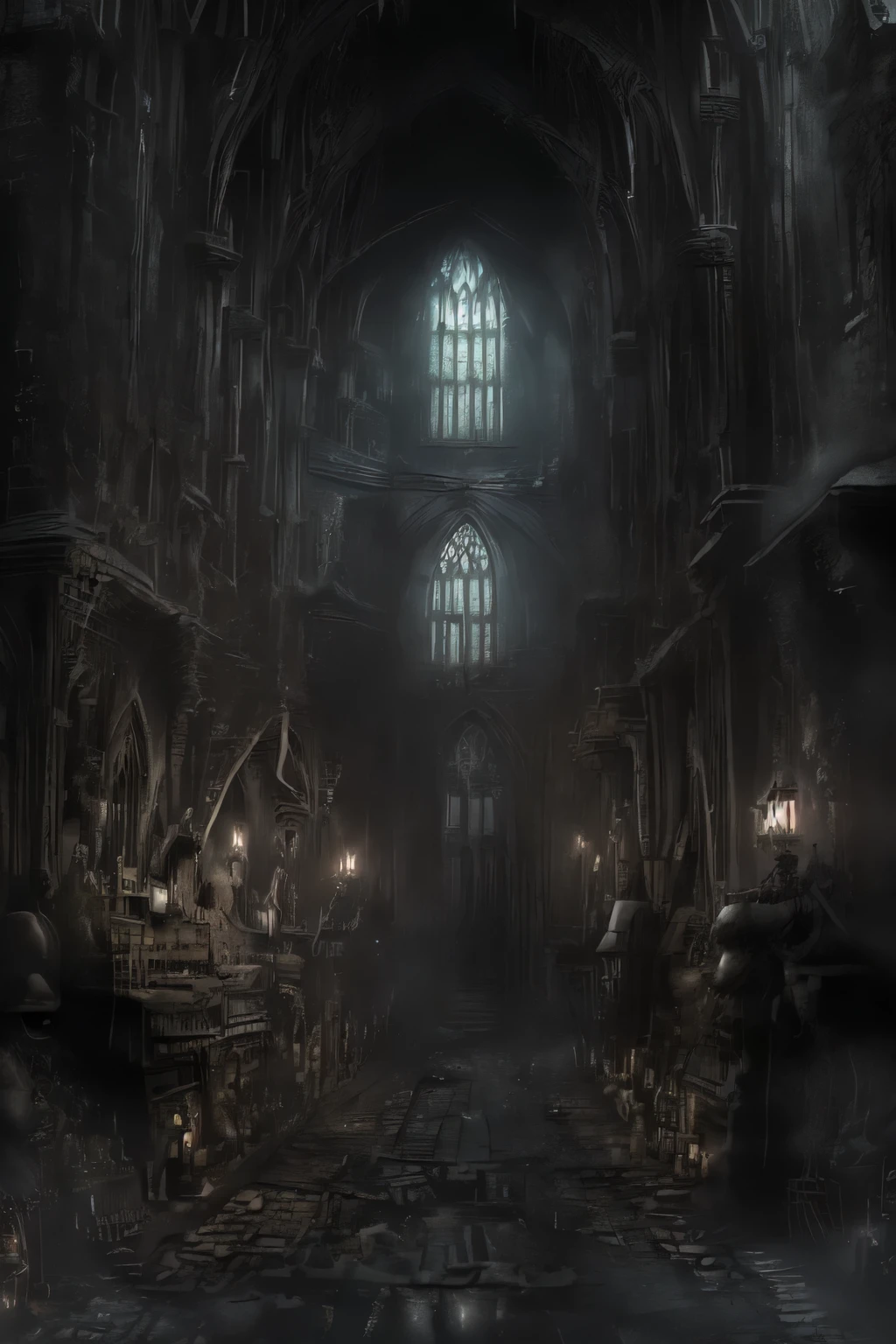 ((best quality)), ((masterpiece)), extremely detailed, delicate texture, aesthetic gothic collection, general term for (gothic architecture, art, fashion, literature, thought, style, and culture), gothichorrorai, (sinister), (dark), (gloomy), ((Victorian era)), ((gothic architecture)), ((street level)), ((pedestrian perspective)), ((a street level view)) of ((a very narrow and crowded alleyway)), ((a dense slum like residential area of a gothic city)), ((the dark underbelly of the city)), ((the city proper rises and looms over like a canopy)), ((a mixture of rickety wood building structures and an older more permanent stone city foundation)), ((wooden walkways criss-cross above)), (the buildings rise up out of view), (the street before us is extemely narrow), ((very dark)), ((lit by candle lamps))