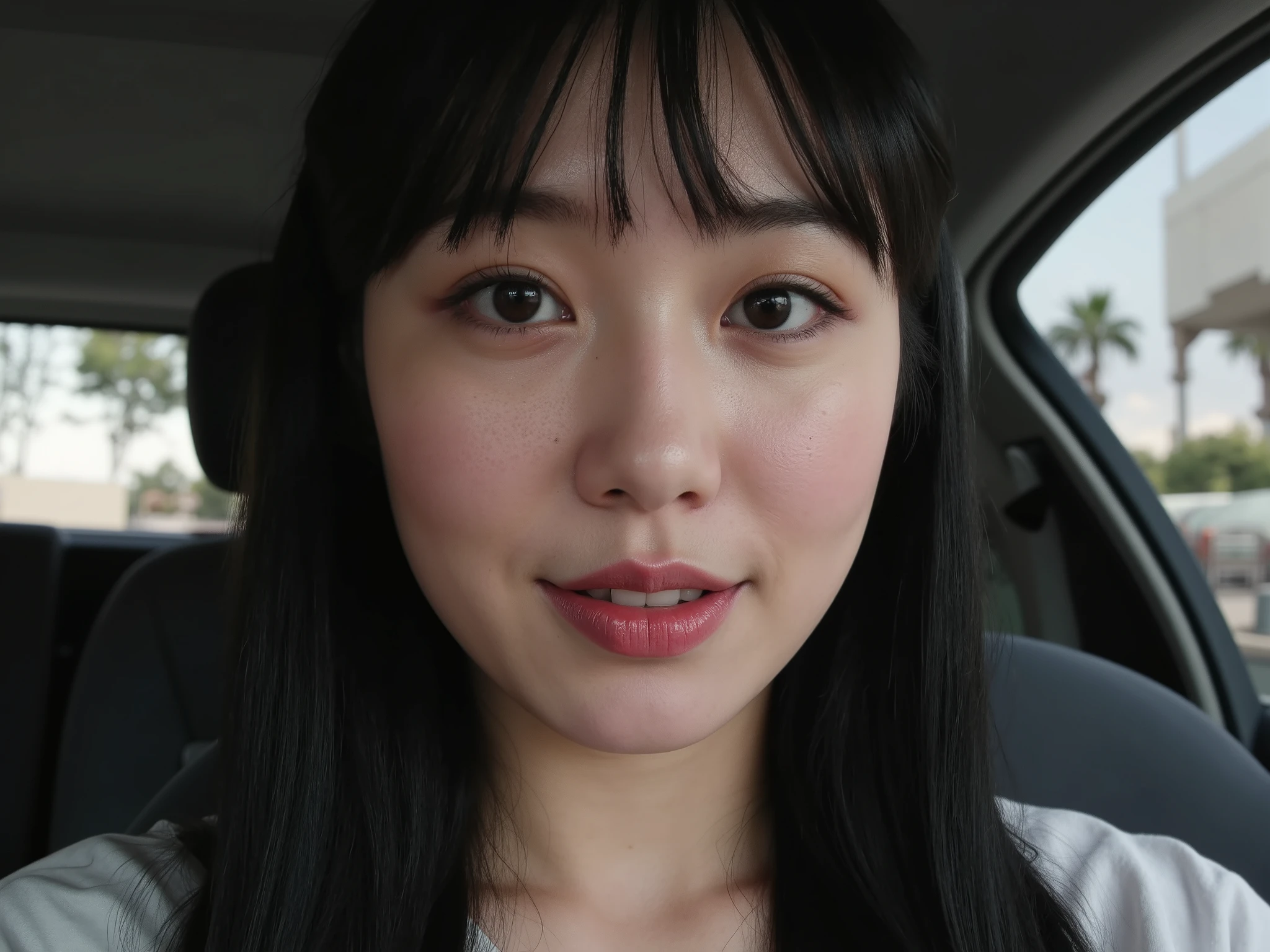 Ultra-detailed, hyper-realistic Korean idol skin, smooth and flawless texture, soft natural glow, subtle pores, delicate highlights and shadows, slight pink undertone, even complexion, perfect shading, ultra-high resolution, fine details in skin texture, high-definition rendering, realistic light reflections, gentle translucency, cinematic lighting, soft ambient occlusion, natural subsurface scattering, ultra-sharp details, no imperfections, no rough textures, no unnatural reflections, no plastic-like effect.
(vivid smile:2.5), (natural lip curvature:2.2), (subtle cheek lift:2.3), (laughing eyes:2.3), (dimpled cheeks:2.0), (realistic shading on lips and cheeks:2.2), (ultra-detailed skin texture:2.3), (soft skin highlights:2.0), (moist lips reflection:2.1), (wrinkles near eyes when smiling:2.4), (warm and inviting smile:2.5), (playful smirk with slight head tilt:2.2), (subtle blush on cheeks:2.1)
, 1 yung , Selfie, foto tirada por uma Canon A490 (A495) , Korean, smile1.0, thin , squashed eyes, big eyes, fringe separated on the right side , youthful appearance , black hair , details eyes , iluminação media, Iris , smile, round face, youthful appearance , sitting on the edge of the , vintage aesthetic , cute face, full lips, long hair, volumoSo hair, luz media , luz Environment, agenda :night , reflexo no Environment, Environment focado, looking for , Environment:sentada no banco do carro, dentro do carro,