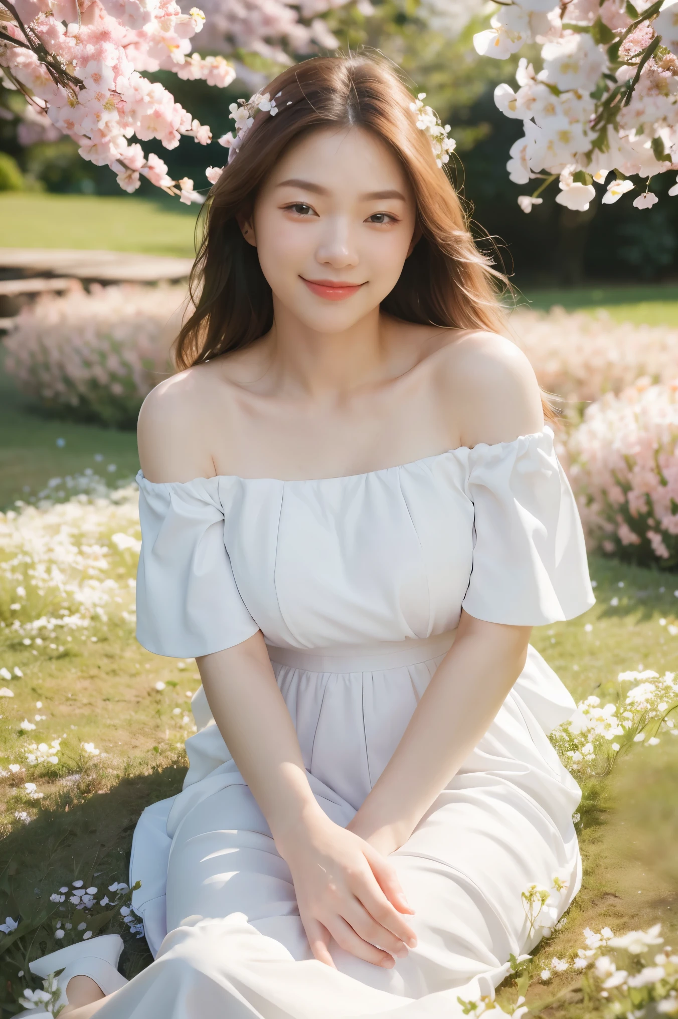 Best quality, masterpiece, ultra high res, (photorealistic:1.4), raw photo, 1girl, white dress, off shoulder, blossom flower field, glowing skin, light smile
