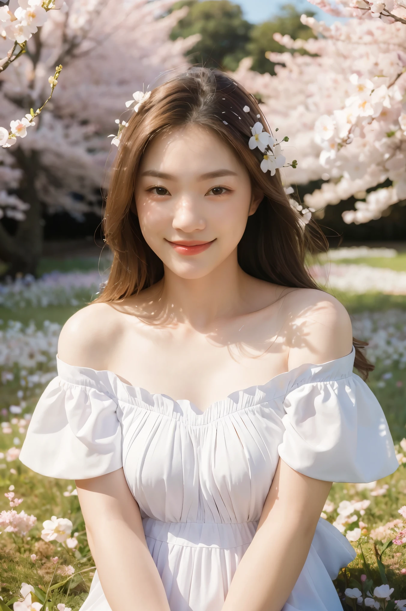 Best quality, masterpiece, ultra high res, (photorealistic:1.4), raw photo, 1girl, white dress, off shoulder, blossom flower field, glowing skin, light smile