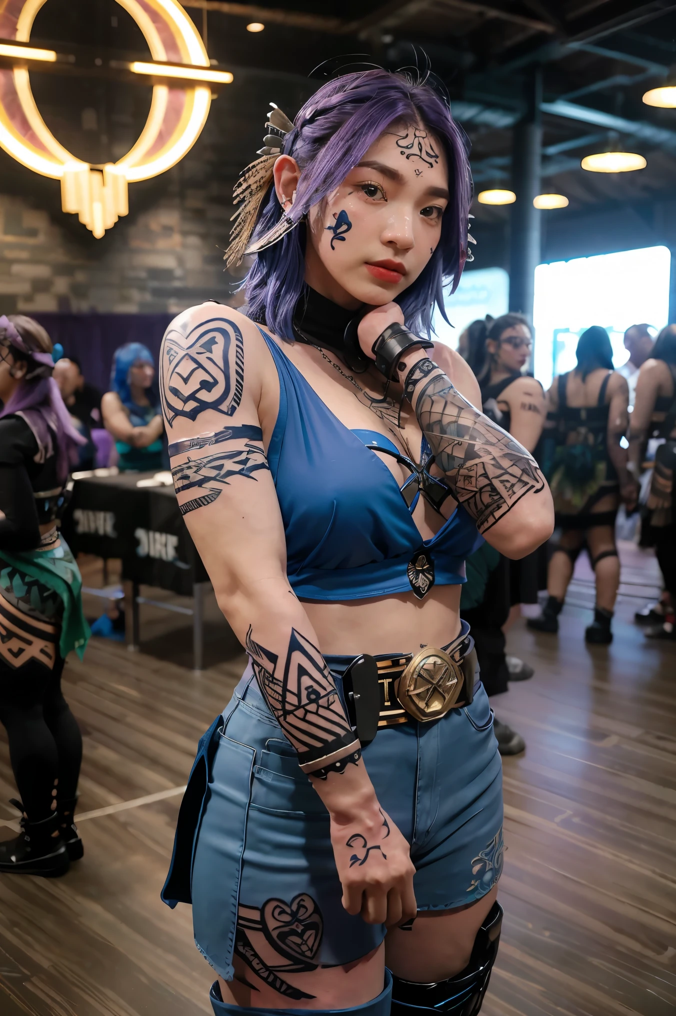 1girl, woman, stealthy Aasimar post-apocalyptic amazon ranger, (muscular:1.1), (tribal tattoos, face tattoos:1.4), violet hair, short hair, head down, bombshell hair, vivid blue hair, Retro Waves, hourglass figure, chain mail armor,