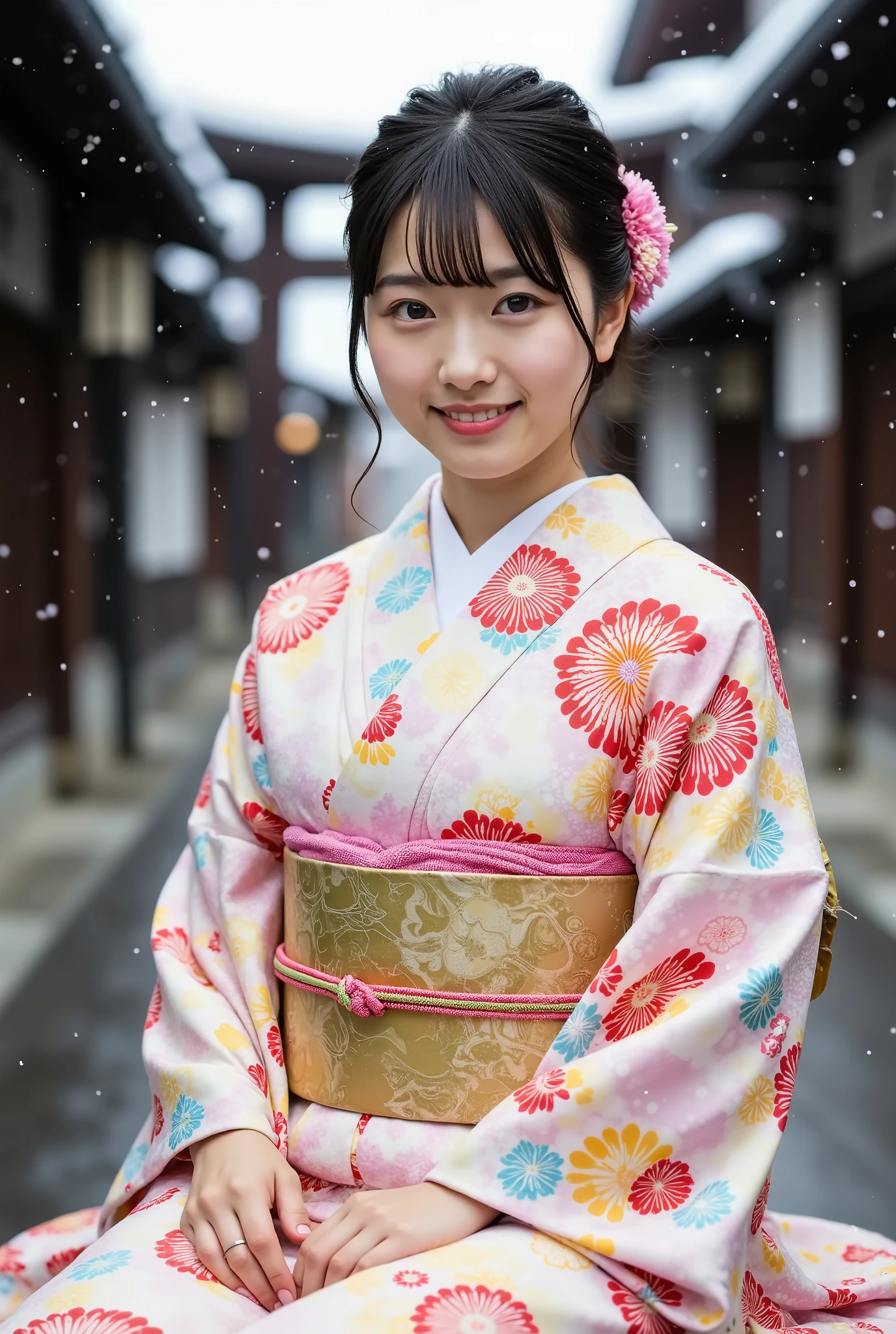 A ite young Japanese woman in her 20s wearing a modern kimono and smiling happily is sitting in front of the torii gate of a snowy shrine, with her arms folded behind her back and her legs spread wide to the sides in an M-shaped split, showing off her floral print panties, with large eyes with double eyelids, thick lips, black hair, dark pupils, a Japanese hairstyle, and looking at the viewer.