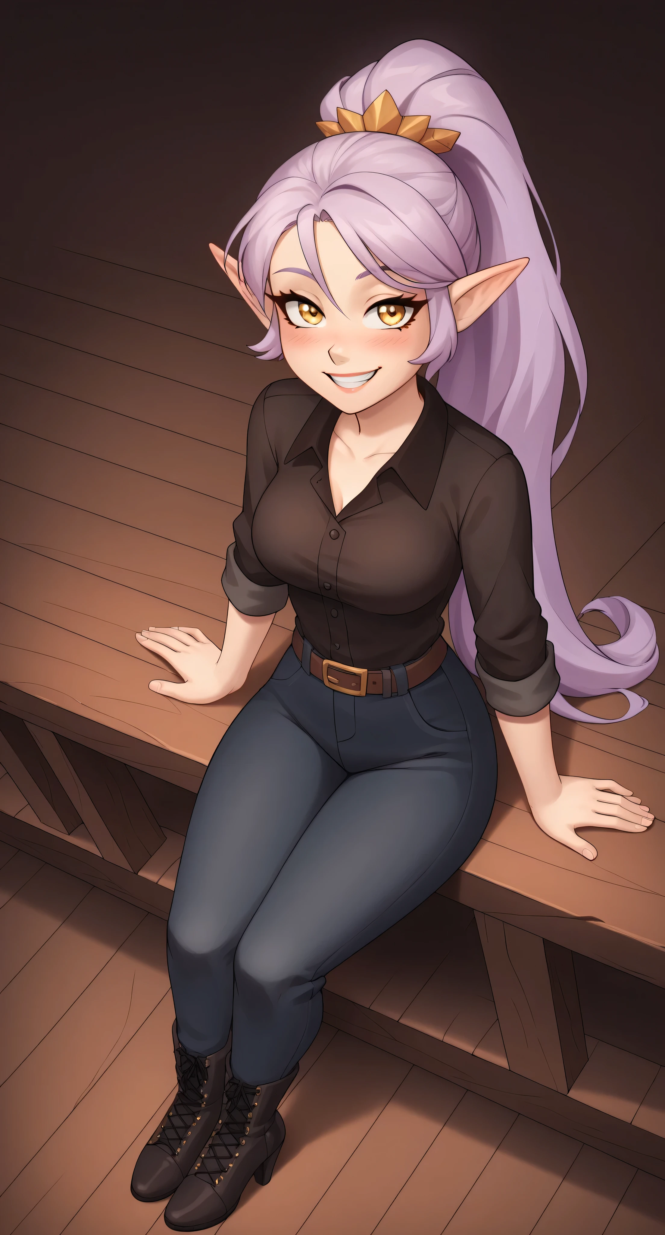 (4K HD Quality), score_9_up, score_8_up, score_6_up, anthro, solo, 1girl, female, elf, lavender hair, long hair, golden eyes, medium large breasts, 

(Amity_Blight_Season_3_Version), (ponytail_hair_style), 

blush, perfect teeth smile, looking at view, full body view, 

sitting, shirt, long pants, black high heel boots, view from above, simple dark background, 