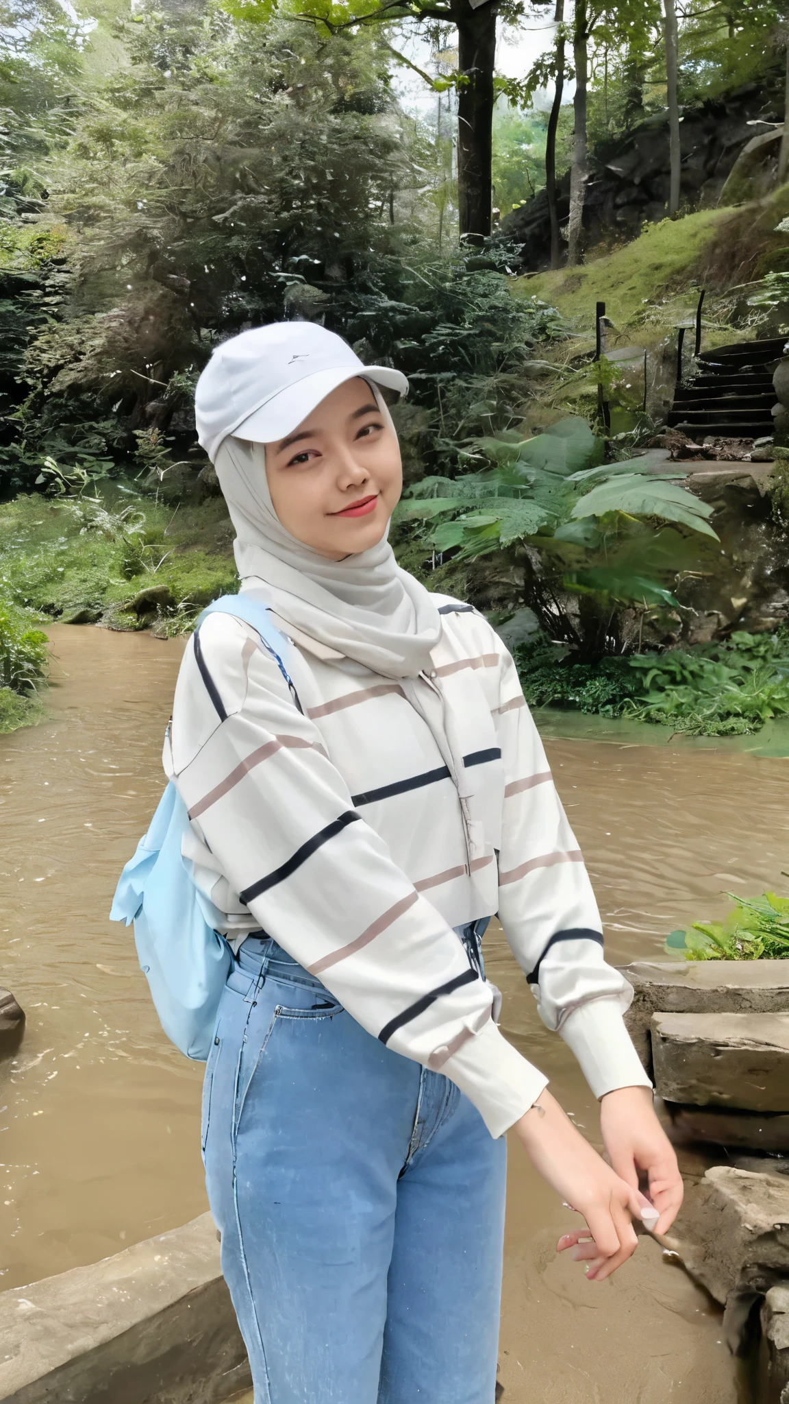 A young Indonesian woman wearing a black hijab and a blue sweater, posing with a cheerful and relaxed expression by the riverside. She is standing next to a gently flowing river, surrounded by lush greenery and tall trees. The scene conveys a peaceful and natural atmosphere, capturing a moment of contentment and tranquility. Her pose is slightly dynamic, with one hand resting on her hip and the other lightly touching her hijab, adding a sense of casual elegance to the scene."
