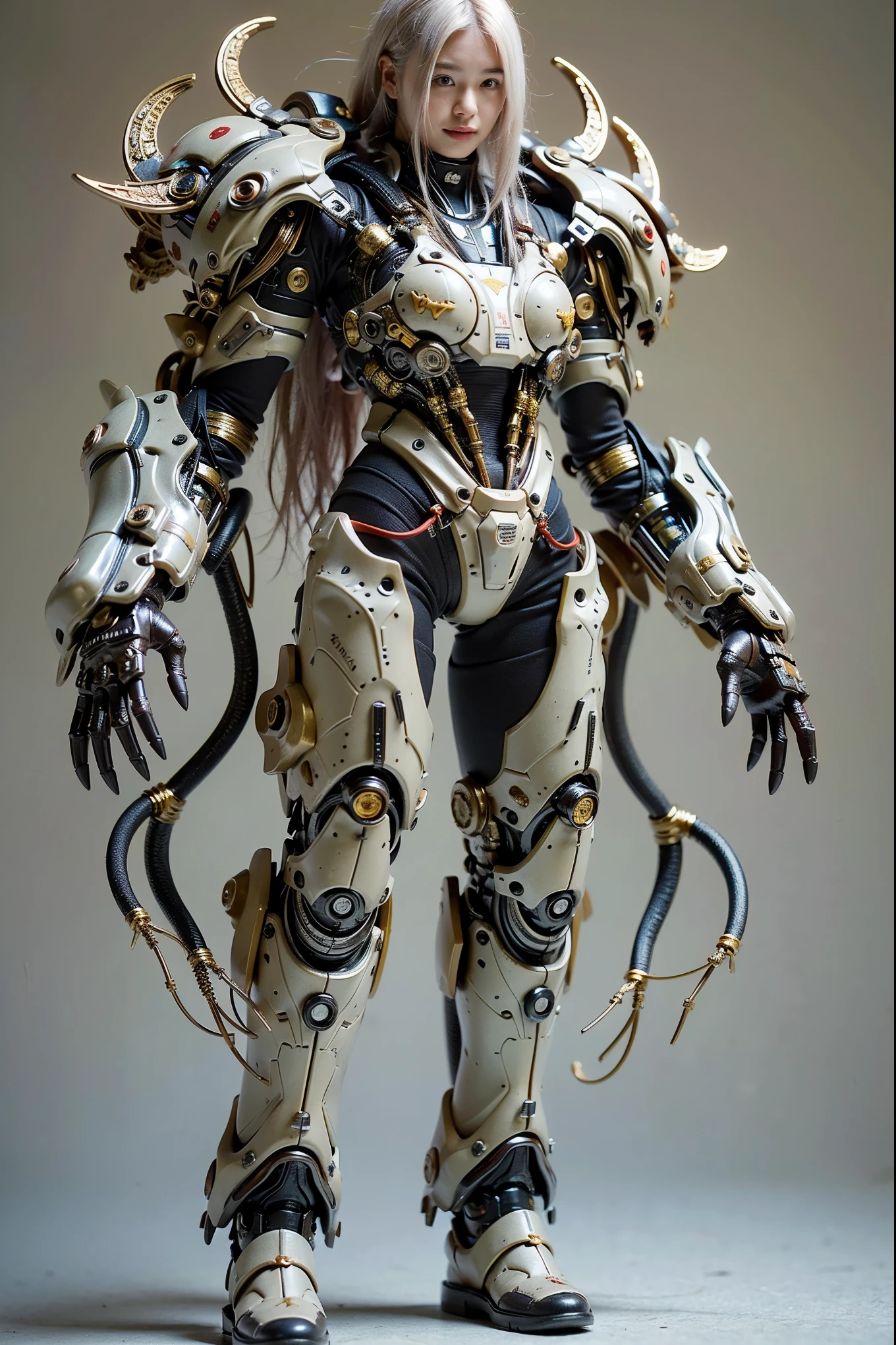 (Completely live action:1.37), (ultimate realistic textures:1.37), (masterpiece, best quality:1.2), (8k uhd, 16k, 32k, ultra high res), ultimate realistic skin, ultimate realistic photo, superrealism, (photorealistic:1.37), (RAW photo), extremely realistic, (ultimate realistic all details), (ultimate realistic all textures), ultimate realistic lighting, ultimate realistic shadow, (japanese girl:1.5), ((young face)), smiling, happy, ultimate realistic face, ultimate realistic skin, ultimate realistic eyes, ultimate realistic background, ultimate realistic detail up, kkw-ph1, ((ultimate intricate details, mechanical armor, glossy texture, metallic texture, white yellow hair))