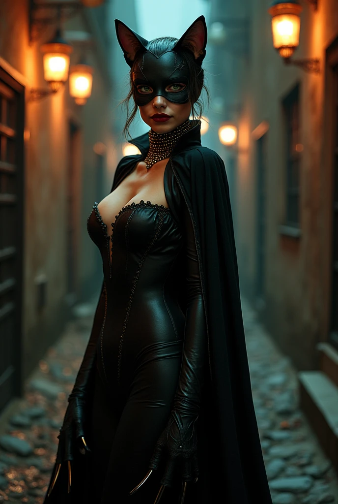 An Indian sexy chubby woman age of 55 years in a black saree, high heels, black gloves with sharp cat like claws, wearing a cat head mask which covers her glowing green cat eyes attach with her attire a red cape, ready to unleash her wrath upon her prey with a signature meow pose, and has a cunning smile on her cherry red lips. A man standing beside her with a look of fear