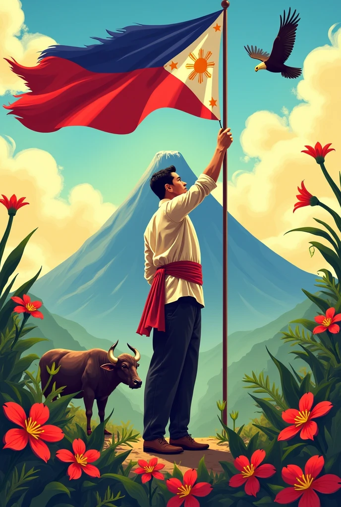 A picture of a man on a bullock cart holding a Myanmar flag