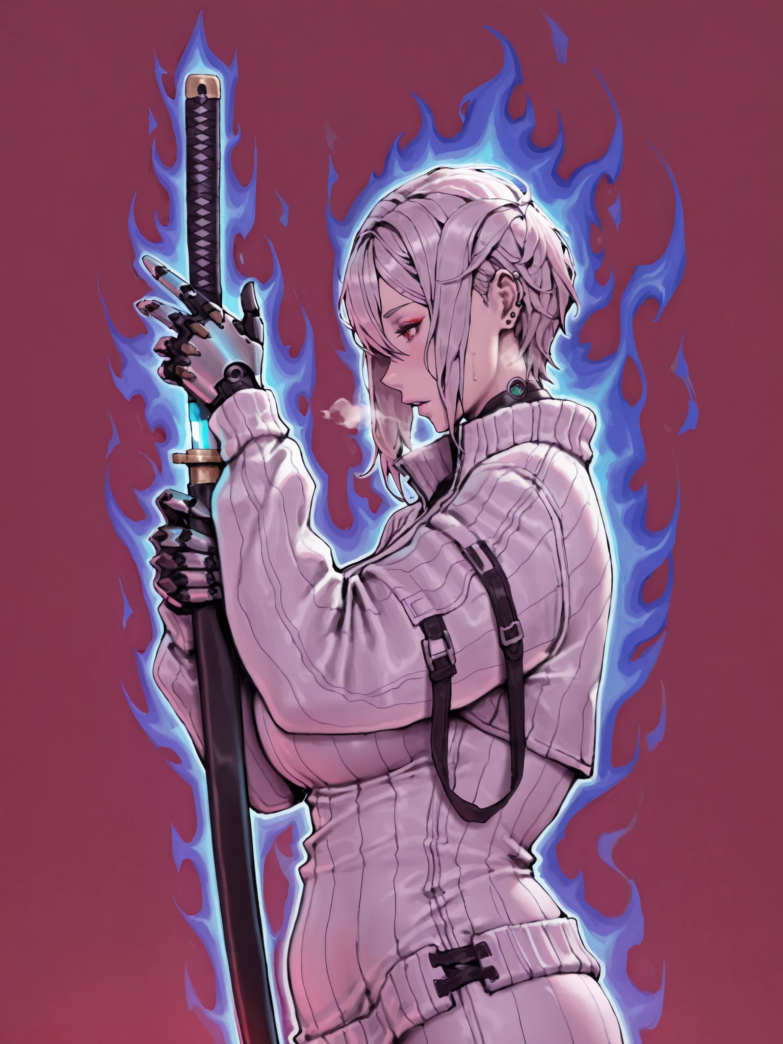 (boingoo yin-style:1.4), (Luxu-style:1.2), Masterpiece, high quality, absurdres, best quality, very aesthetic, newest, dramatic light, chiaroscuro technically, contrasting color, dynamic composition, anatomical correct, HD, 4K, digital art, trending on DeviantArt, perfect body, perfect eyes, makeup, detailed eyes, perfect fingers, gasping, heavy breathing, excessive sweating, sweating, sweating profusely, gasping profusely, cinematic, ((skindentation)), ((voluptuous)), alicenakiri, mature female, short hair, asymmetrical hair, single sidelock, hair between eyes, silver hair, red eyes, medium breasts, bright pupil, ((white outline)), 1girl, weapon, solo, sword, red_background, katana, holding_weapon, holding, simple_background, ear_piercing, sheath, holding_sword, mechanical_arms, profile, from_side, sheathed, looking_at_viewer, cyborg, white jacket, sweater dress, off shoulder, black short, (black aura), (blue aura), (aura:1.2)