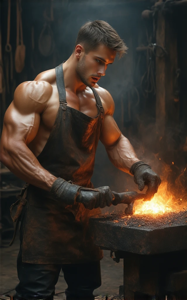 ((fullbody_homoerotism_nsfw) reflect the strength and masculinity of European, 20 years old, workers shirtless, barefoot, Caucasian ethnic physical characteristics Industry: Metallurgy Background: Metal workshop with sparks flying. Leg Position: Spread apart, in a stable stance. Arm Position: Holding a welding tool. Action: Welding metal. Color Palette: Grays and oranges. Facial Expression: Focused and serious. Model’s Facial and Physical Characteristics: Serious face, strong and ((Highlight the rippling muscles evoking the strength, symmetry, beauty of the male body.)) by Aaron Horkey and Jeremy Mann, masterpiece, best quality, Photorealistic, ultra-high resolution, photographic light, illustration by MSchiffer, fairytale, Hyper detailed A mixture of photography and painting, simetryc Composition, Perfect Divine Proportione, 8k resolution fullbody image body, oil painting fullbody image,(( view from low view)) A young man, white skin, ginger, barbed, hairy body, thin face, straight nose, thin lips, square chin, large light blue eyes, short red wavy hair, in roberto ferri style, aesthetic slim athletic body, ginger realistic skin, gorgeous, detailed tonned muscles, barefoot, perfect anatomy, muscled fitness body, Young man, perfect anatomy, , energetic splendid, Barefoot, naked, small flacid penis, slim and detailed muscles, shirtless, pantless, fullbody, wearing sandals, the composition of shadows and lights give an atmosphere of spaciousness,