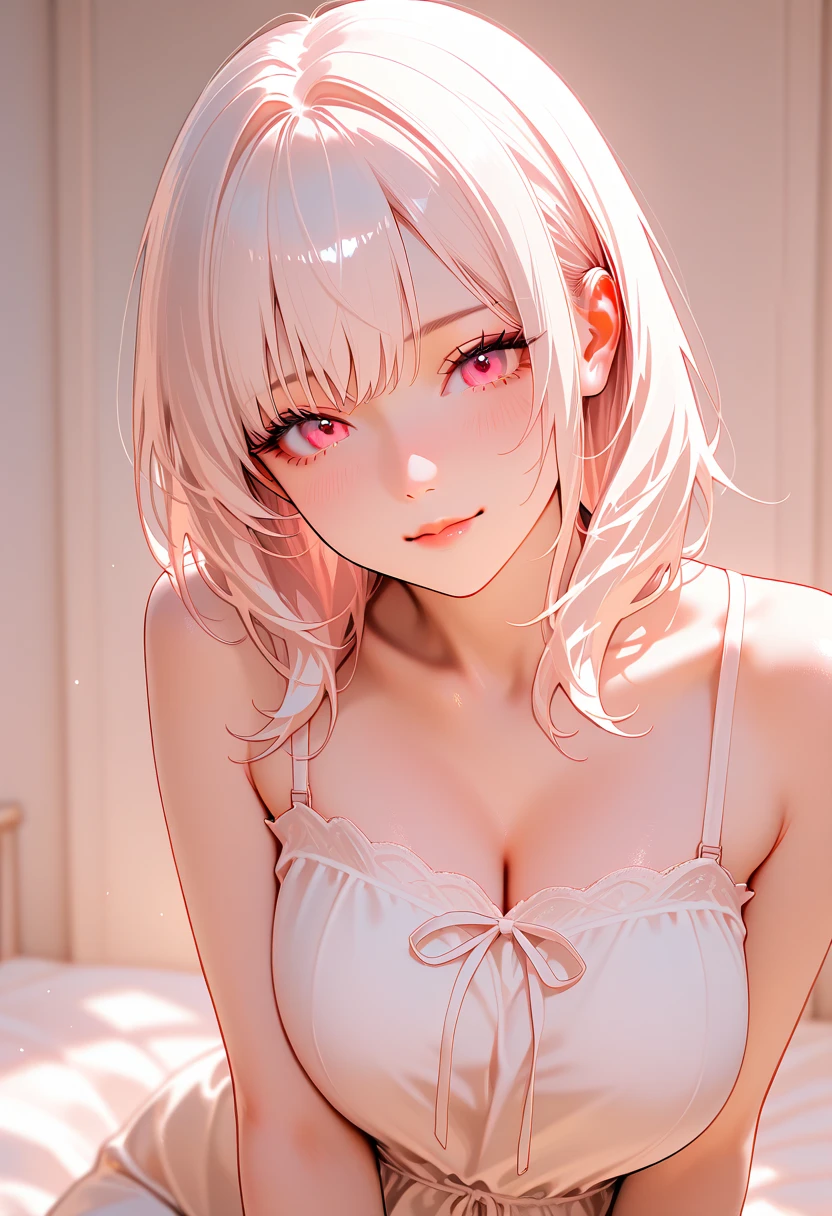 White hair. Short hair. Inner pink hair. Anime girl. Pink eyes. Glowing eyes. Nekomimi. Smilling wink. Tanktop. Small breast. Hairpin. Cleavage.