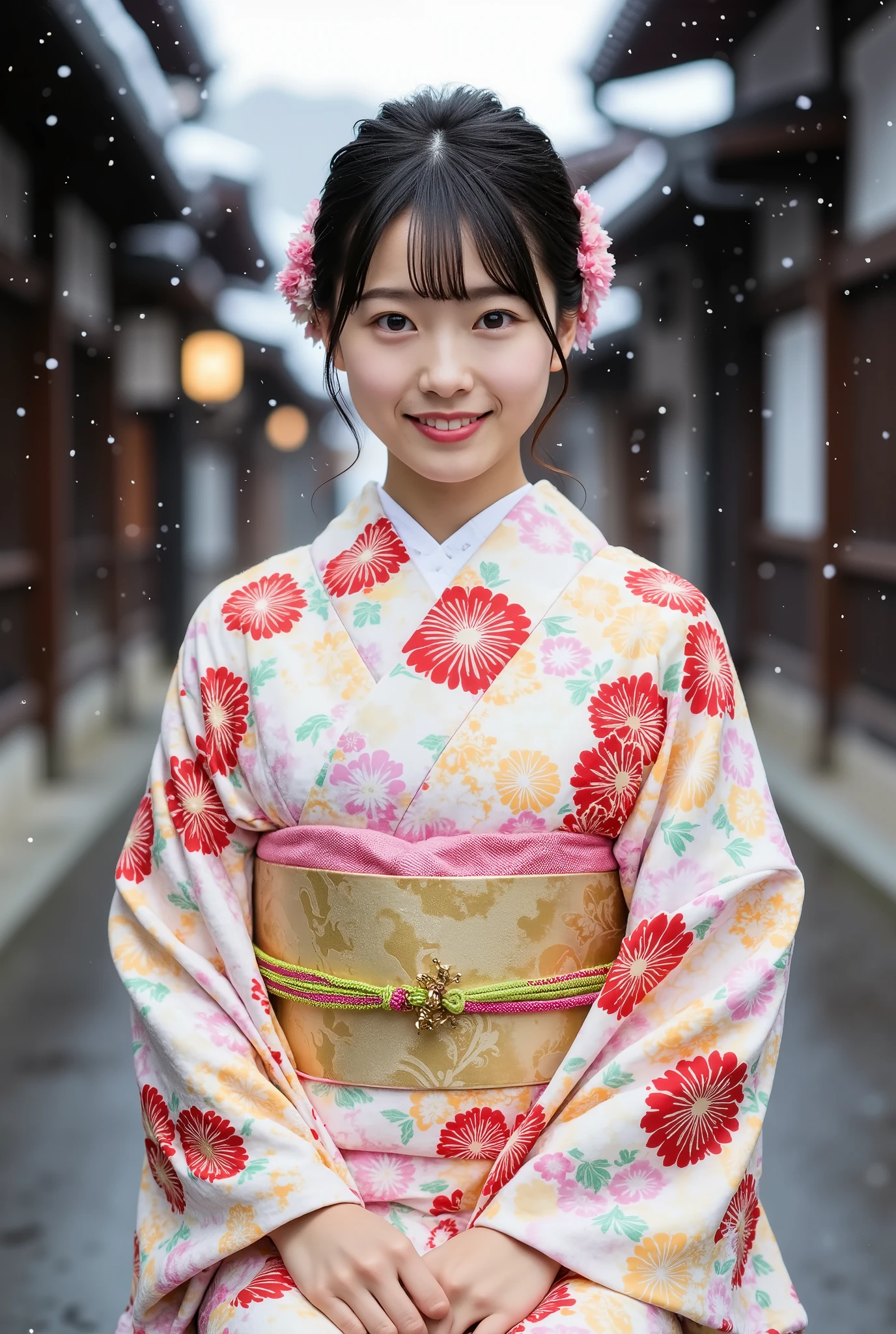 A ite young Japanese woman in her 20s wearing a modern kimono and smiling happily is sitting in front of the torii gate of a snowy shrine, (((Her arms are clasped behind her back and her legs are spread wide on both sides in an M-shape, showing off her floral print panties))), with large eyes with double eyelids, thick lips, black hair, dark pupils, a Japanese hairstyle, and looking at the viewer,