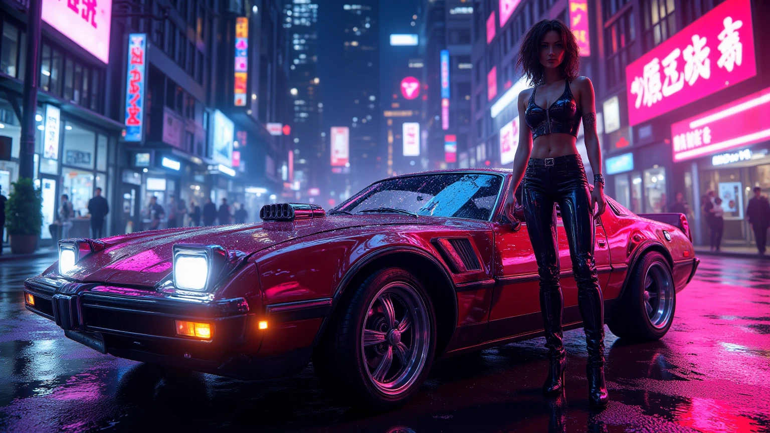a 3/4 front view of ((futuristic cyberpunk hotrod zeekars)) (with glowing tires), next to ((gal gadot)), at the parking lot, sunset