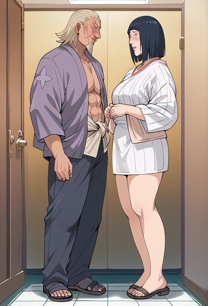 Busty Chinese female, huge breast,red lipstick, open the door, Wear kimono, Wet body, ugly Bastard on back her, ugly Bastard jerkoff, White kimono, milft body, Glasses female, black Hair female, High heels