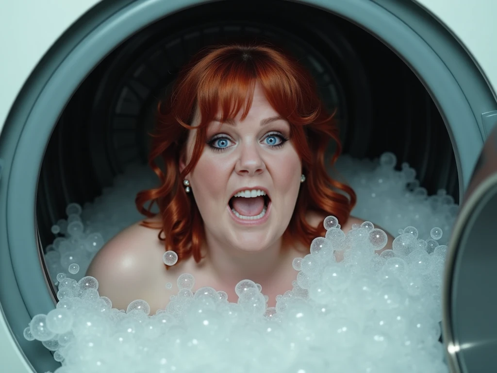 A cute woman, 50s clothing, has been caught by horror movie monster the Blob, she is encased in translucent slime that is dissolving her, mouth open to scream, body half dissolved