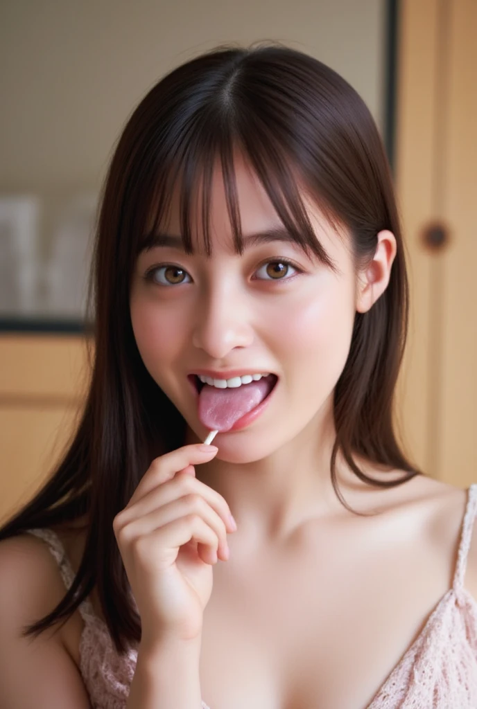 licking cream,open mouth,blow job,looking at viewer,laughing,blush,