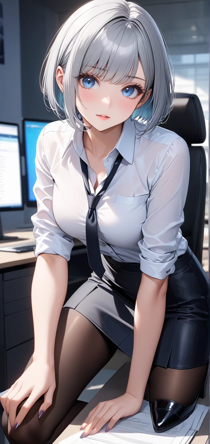 modern, Verism, masterpiece, textured skin, super detail, best quality, 4K , A beautiful woman, (((Ultra-slender))), Clothing of office workers,Narrow skirt,Jacket,White shirt,Sitting in a chair,Mature Woman