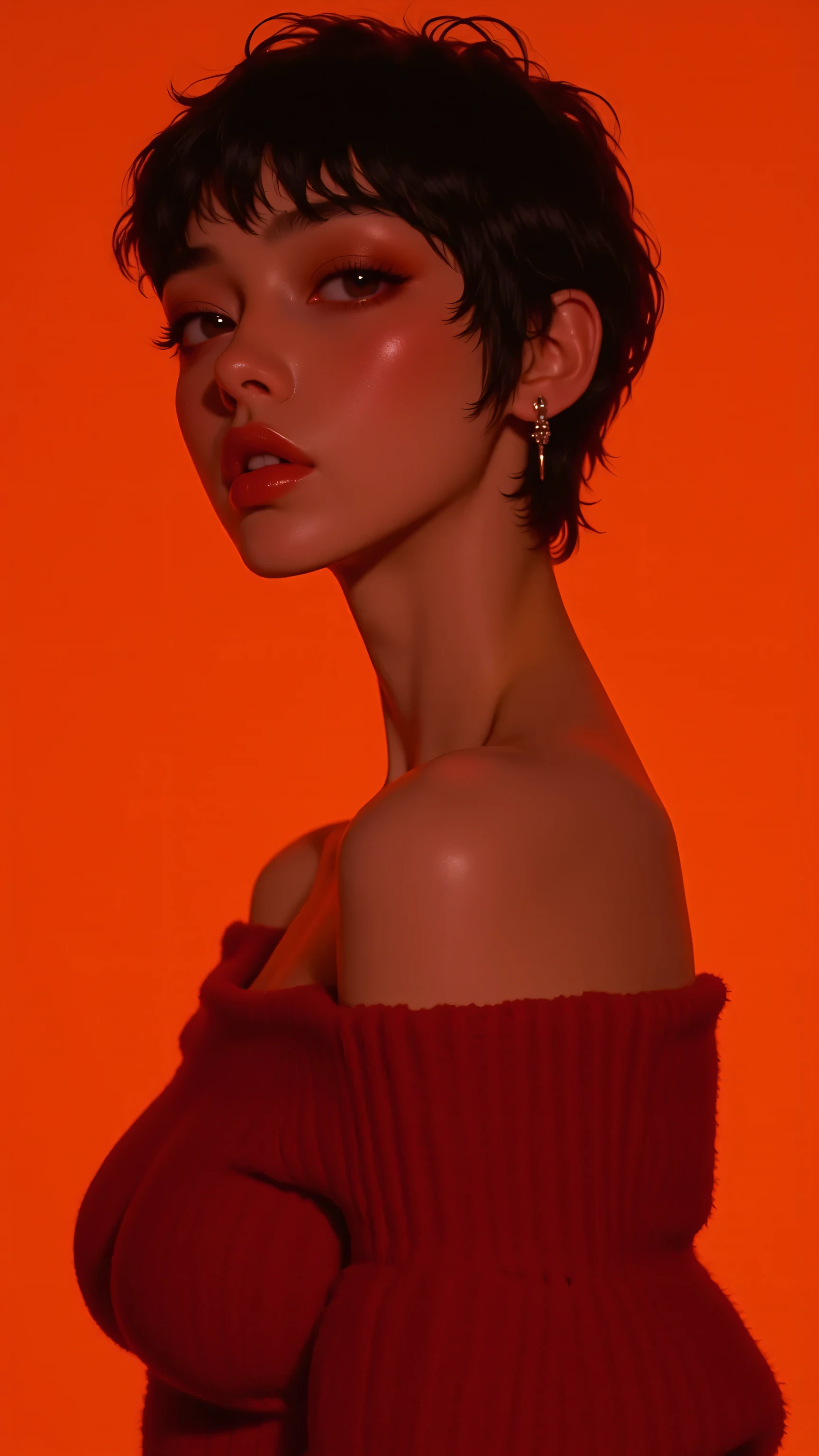 8k, masterpiece, highest quality, woman, short black hair, red lipstick, off-shoulder red sweater, intense gaze, warm lighting, orange background, soft focus, dramatic shadows, high contrast, fashion photography, cinematic style, elegant pose, shallow depth of field, high-resolution detail
