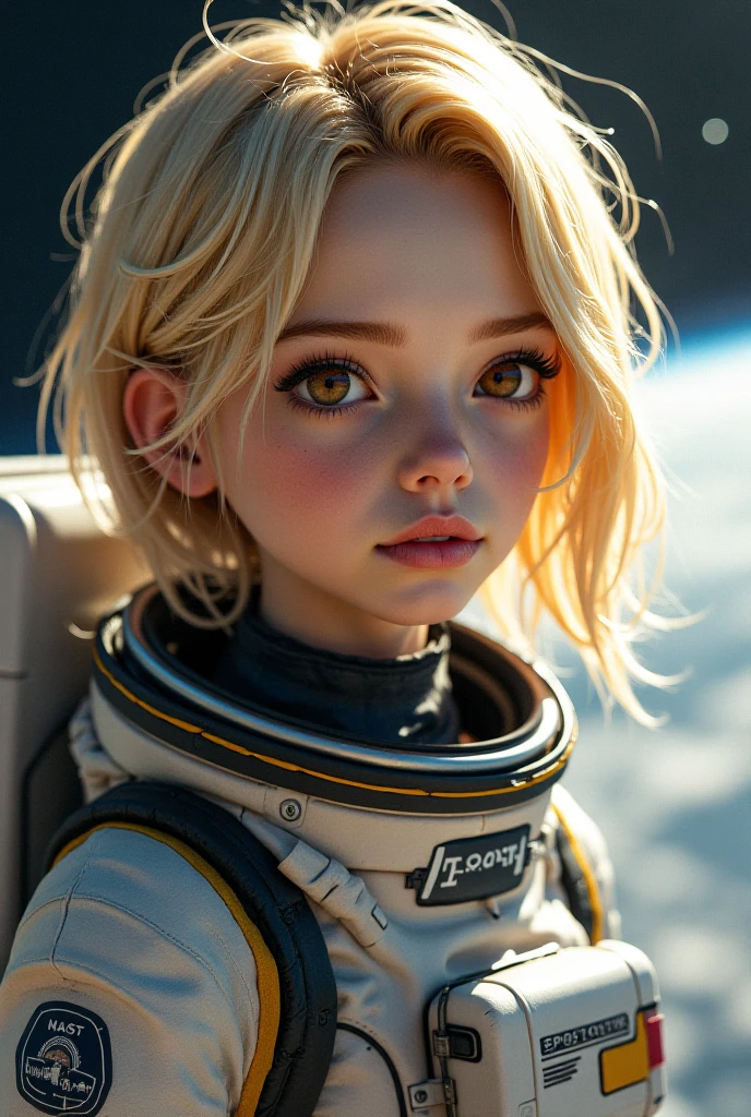 (12 years old女孩, 12 years old, A blonde, Reality, Pale skin), (yellow (Eye:1.2)), (fit:1.3), (Fantasy spaceuit), Pretty Face, Symmetrical face, Greg Rutkowski, wlop and Sam Kuvshinov, (long hair), Gold eyelashes, Big Iris, university student, whole body, Standing on the background of the spaceport, Art Station, 8K, Science fiction, Soft colors, tool, Control Panel, concept, Futuristic, Gribble, Simon Starenhager, space, In outer space, Spaceship in the sky, Technology Modules