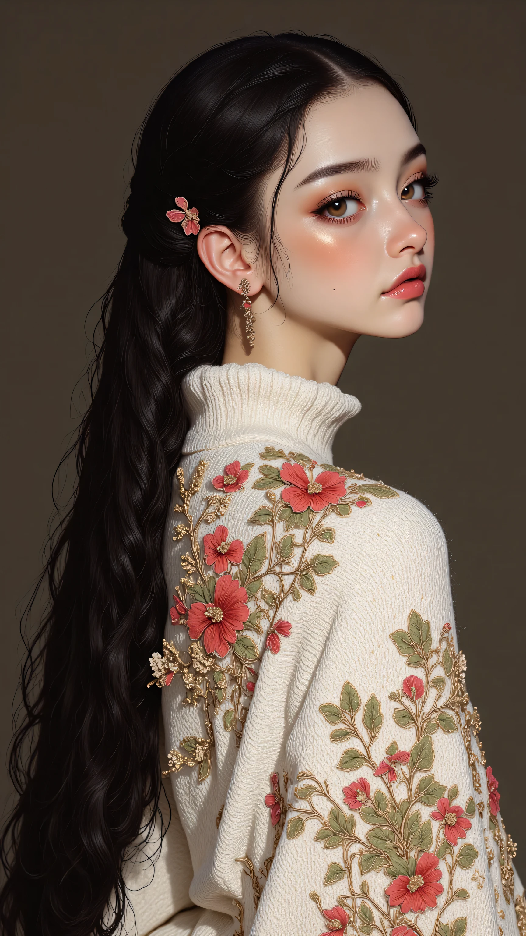8k, masterpiece, highest quality,  long dark hair in side braid, floral embroidered white sweater, red flowers, delicate features, soft lighting, elegant, fashion photography, high resolution, detailed, realistic