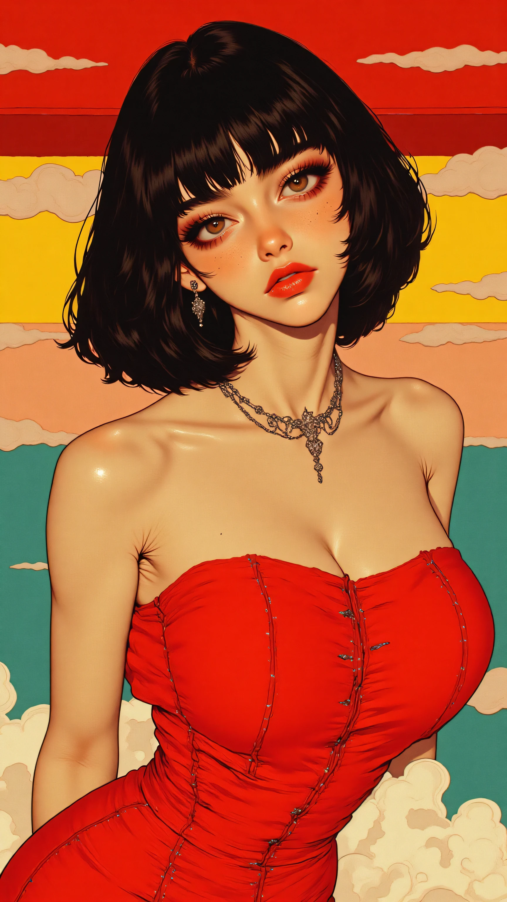 8k, masterpiece, highest quality, Close-up, three-quarter view, dark bobbed hair, red lipstick, defined eyes, serious expression, form-fitting strapless red dress, delicate necklace, back view, accentuated figure, stylized graphic background, horizontal bands, red, yellow, teal, simple cloud shapes, vintage glamour, retro-inspired.