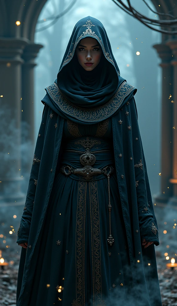 A female wizard with full hijab and burnnete skin and yellow eyes and she is wearing dark purple luxry clothes